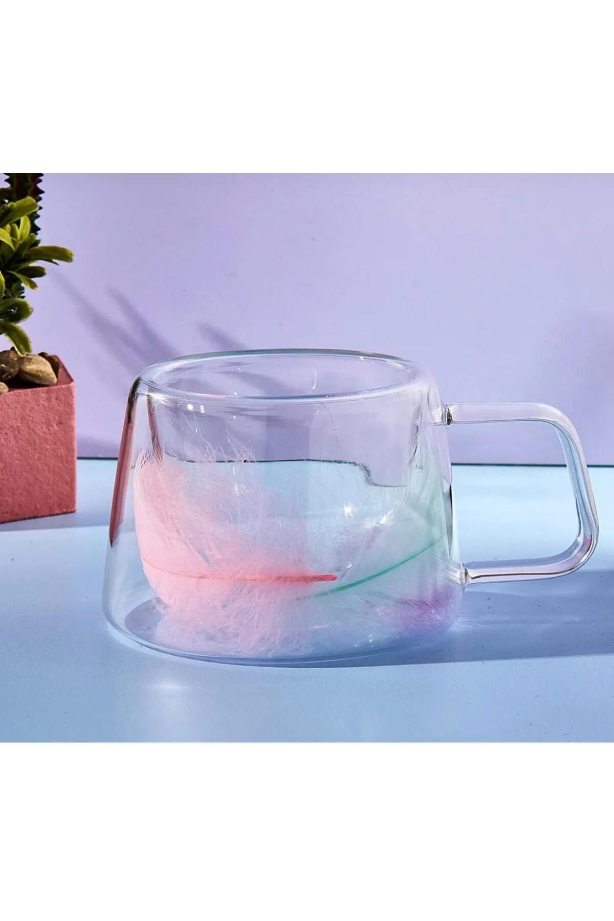 YzHome 2 Adet Çift Cidarlı Cam Bardak Tüylü Kupa 250ml