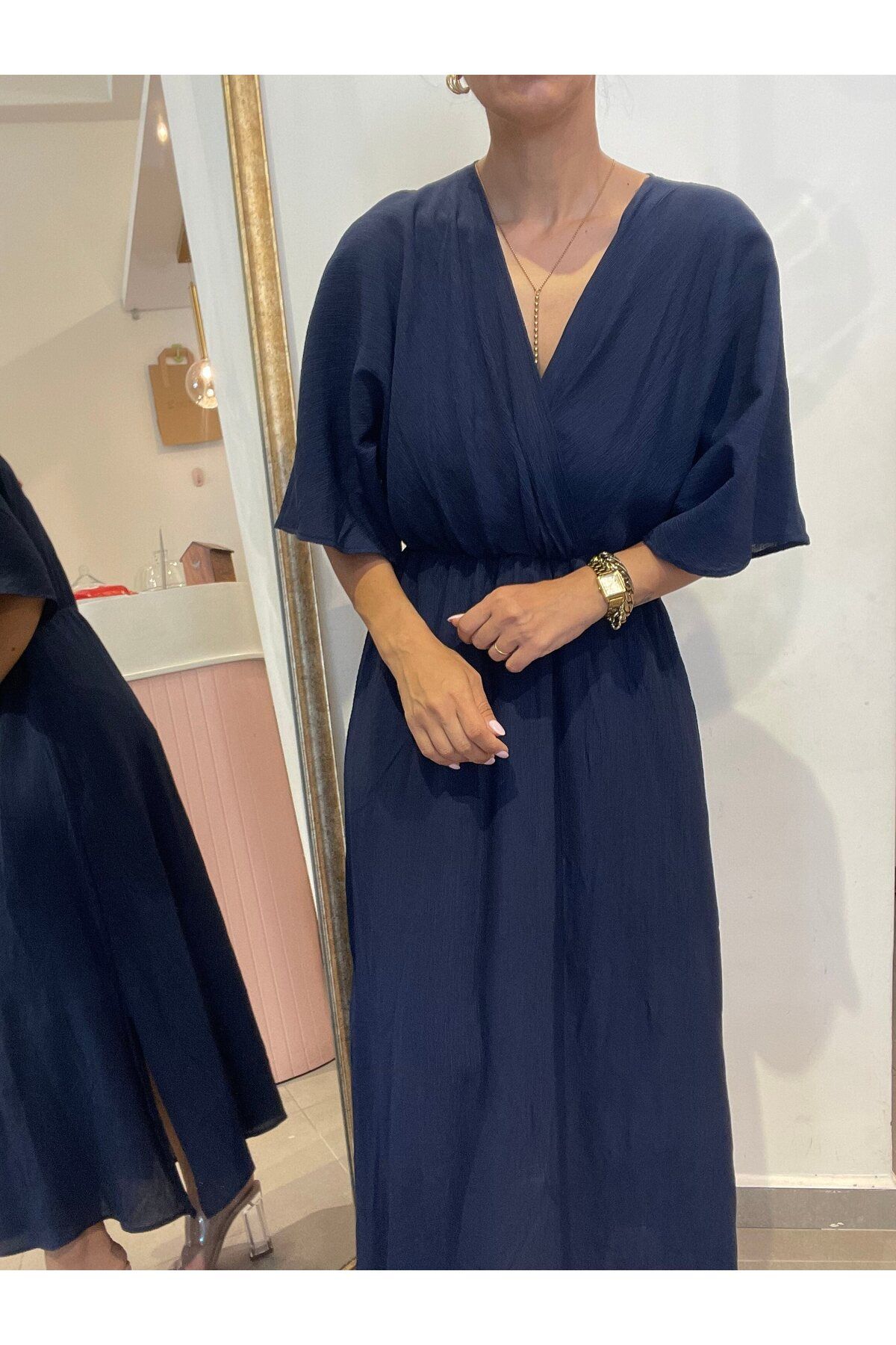 Butik Kadın, V Yaka, Lastikli Bel, Kemerli, Lacivert Midi Elbise