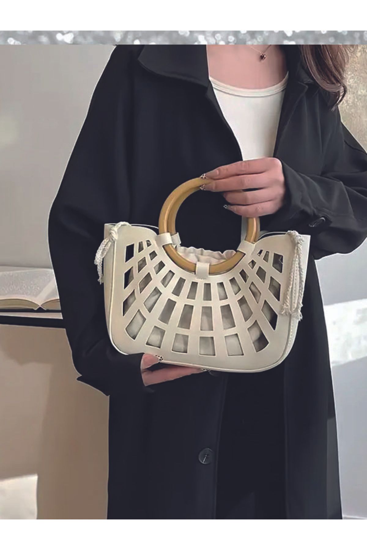 ÇANTA Lattice Kesik Tasarımlı, İpli Kapatma & Astarlı Casual Chic Tote Çanta El Çantası