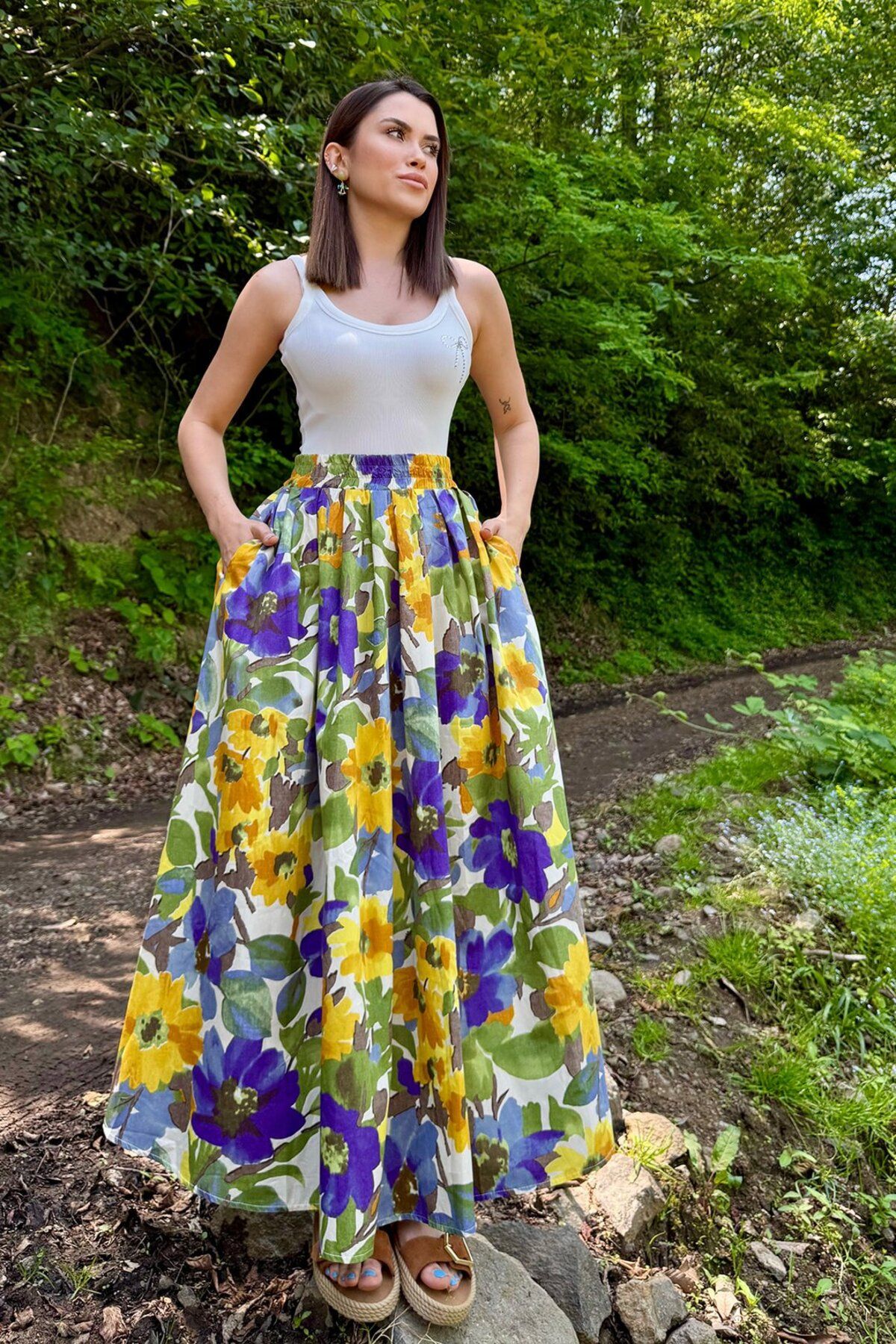 ROUPAS Beli Lastikli Çiçek Desen Etek