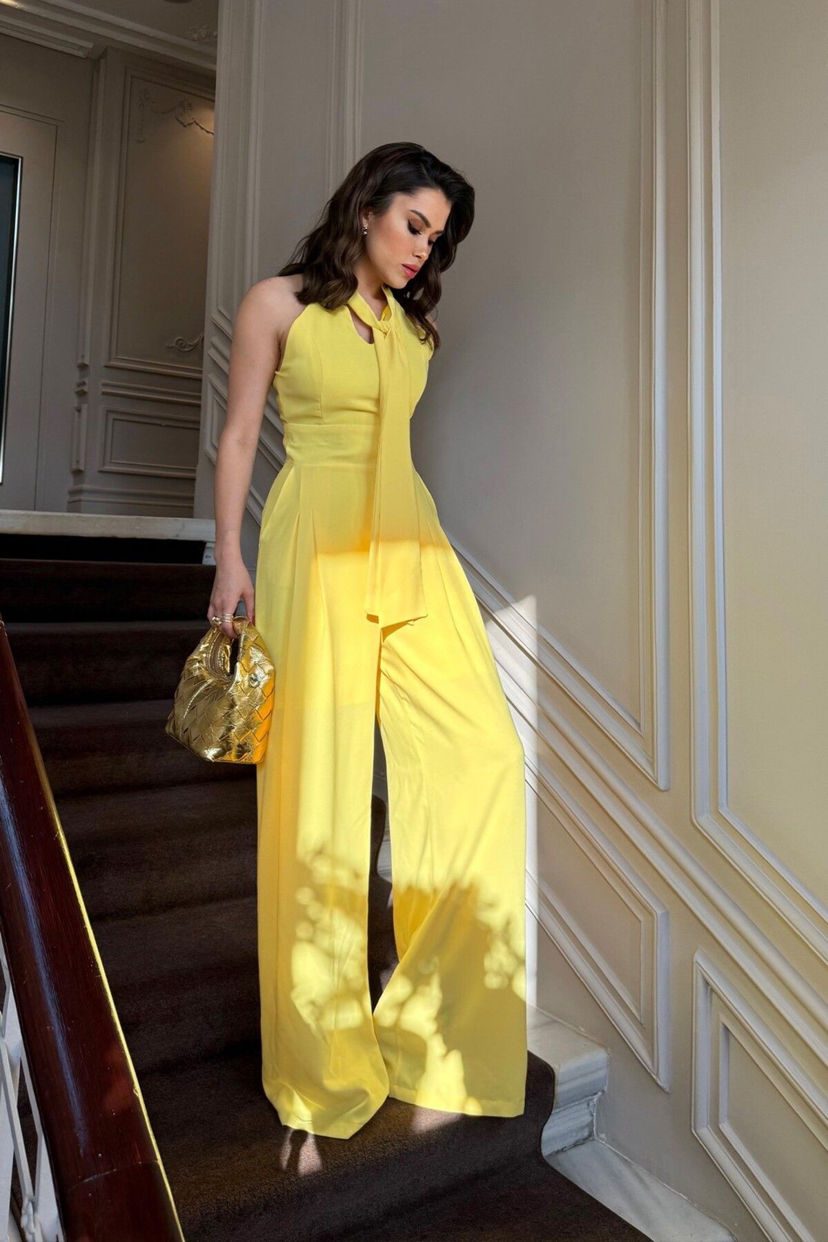 ROUPAS Sarı Rahat Kesim Bağlama Detaylı Tulum