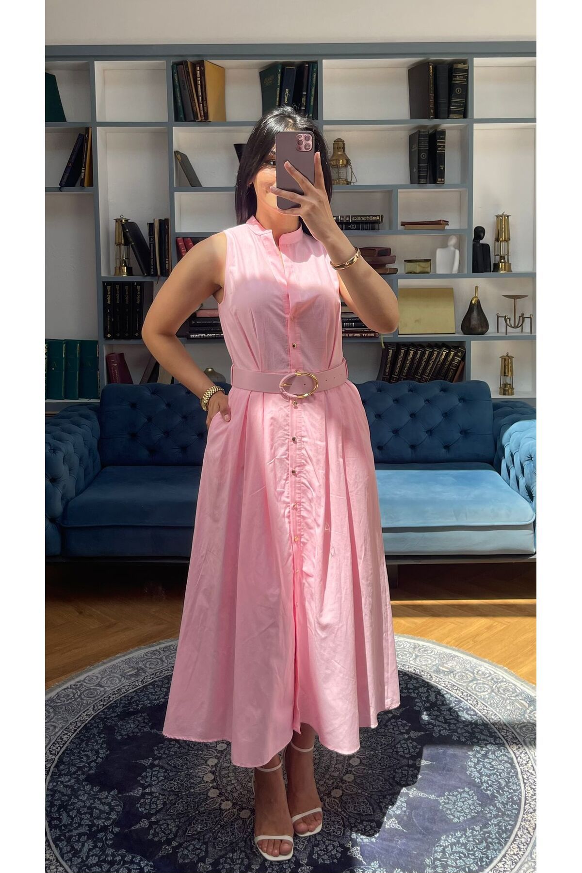 Nida Boutique Sıfır Kol Hakim Yaka Full Düğme Kapamalı Kemerli Keten Astarlı Elbise