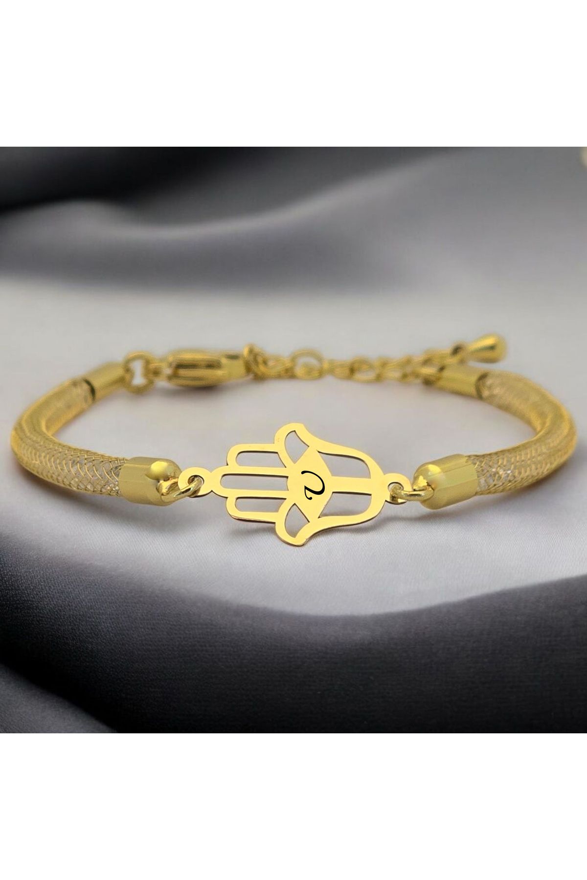 ARCHINO GOLD U Harfine Özel Hasır Kordonlu Hamsa Motifli 14 Ayar Altın Plakalı Hediye Bileklik-499harf