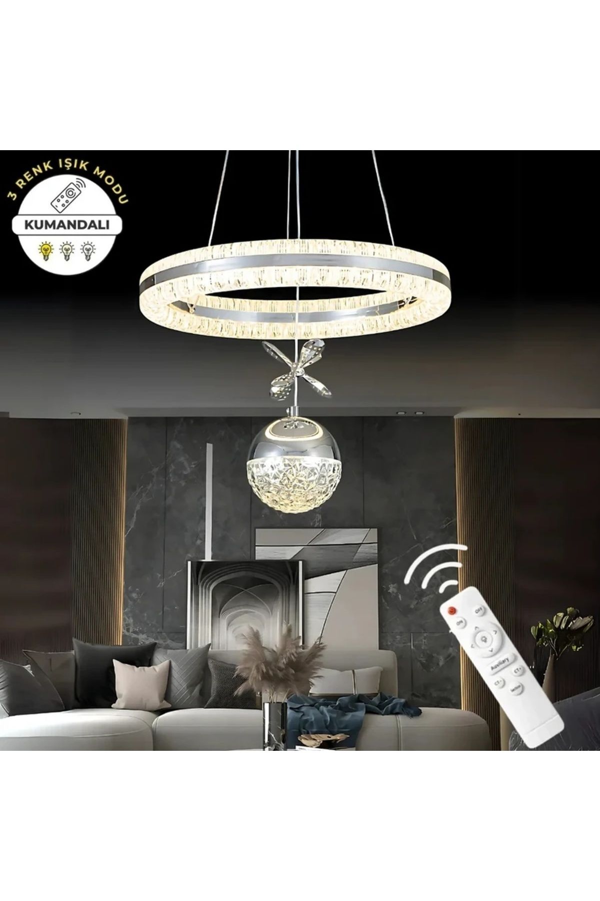 Forever market Krom Kumandalı 3 Renk Ledli Çift Yönlü Aydınlatmalı Lüks Tasarım Ledli Avize Çap 40 cm Led Avize