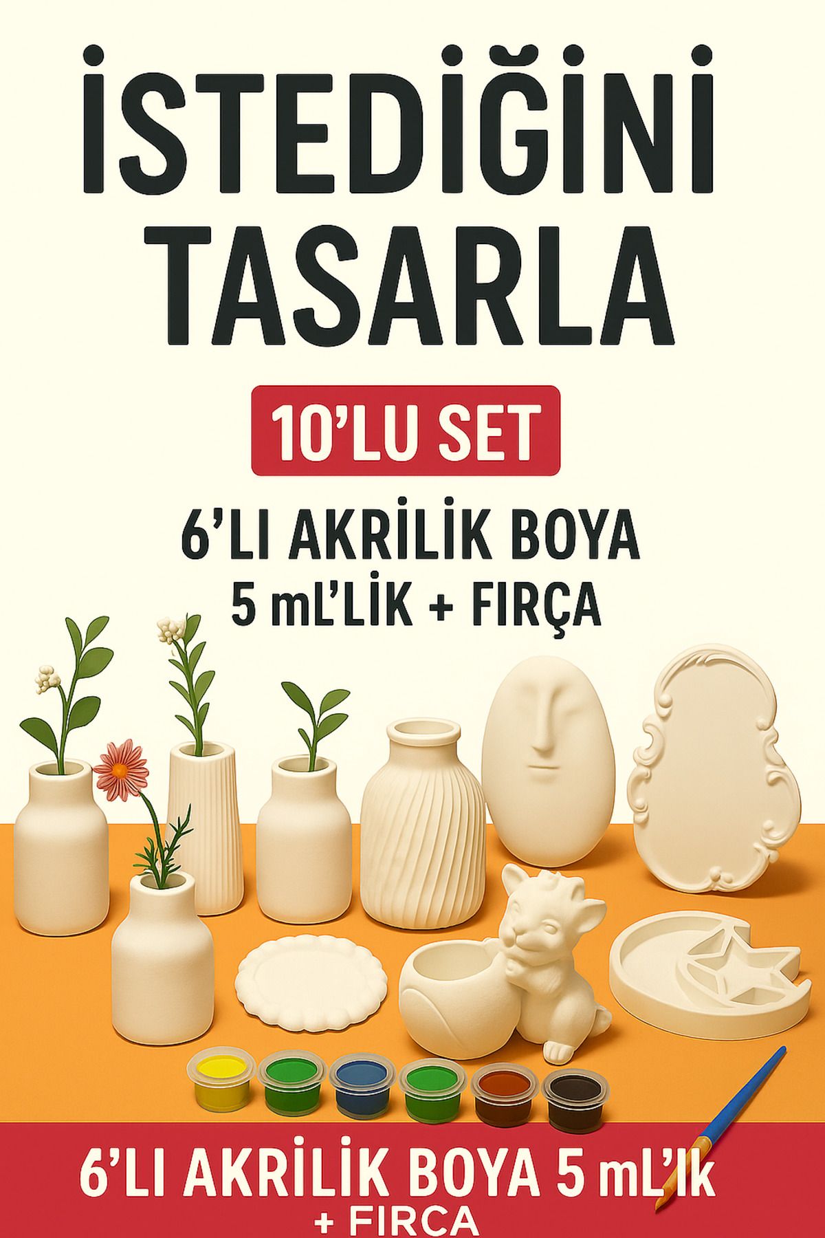 WeSank Objehouse 10’lu Boyanabilir Alçı Obje Seti – 6’lı Akrilik Boya + Fırça Hediyeli