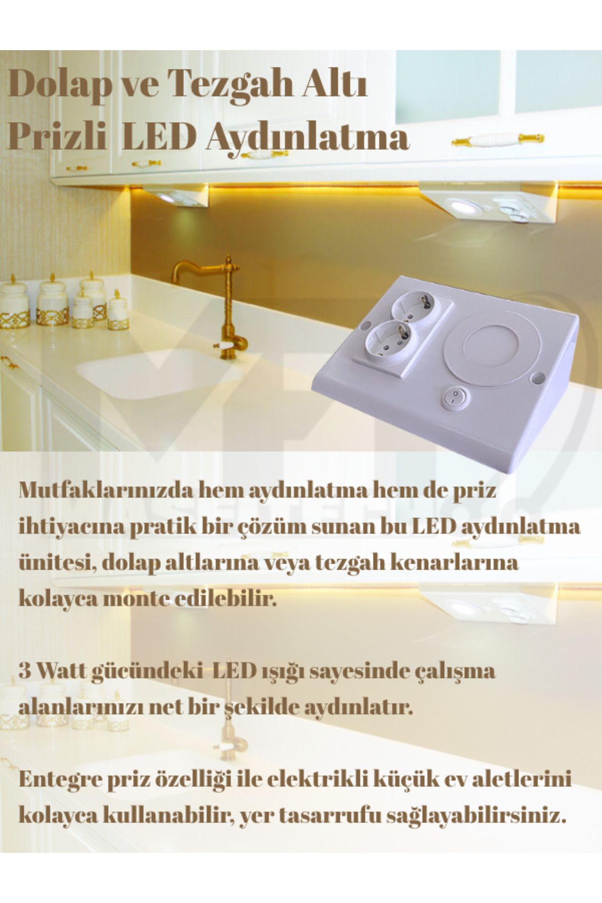 Masfitech Dolap & Tezgah Altı Prizli Aydınlatma 3 Watt 4000k Günışığı (10 Adet)