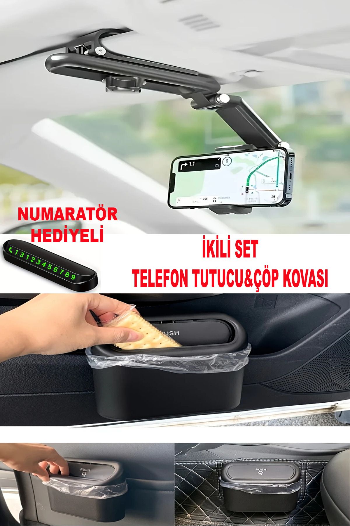 UYDEE Araç İçi Telefon Tutucu Numaratör Araç İçi Çöp Kutusu Telefon Tutucu Stand Araba Telefon Tutacağı