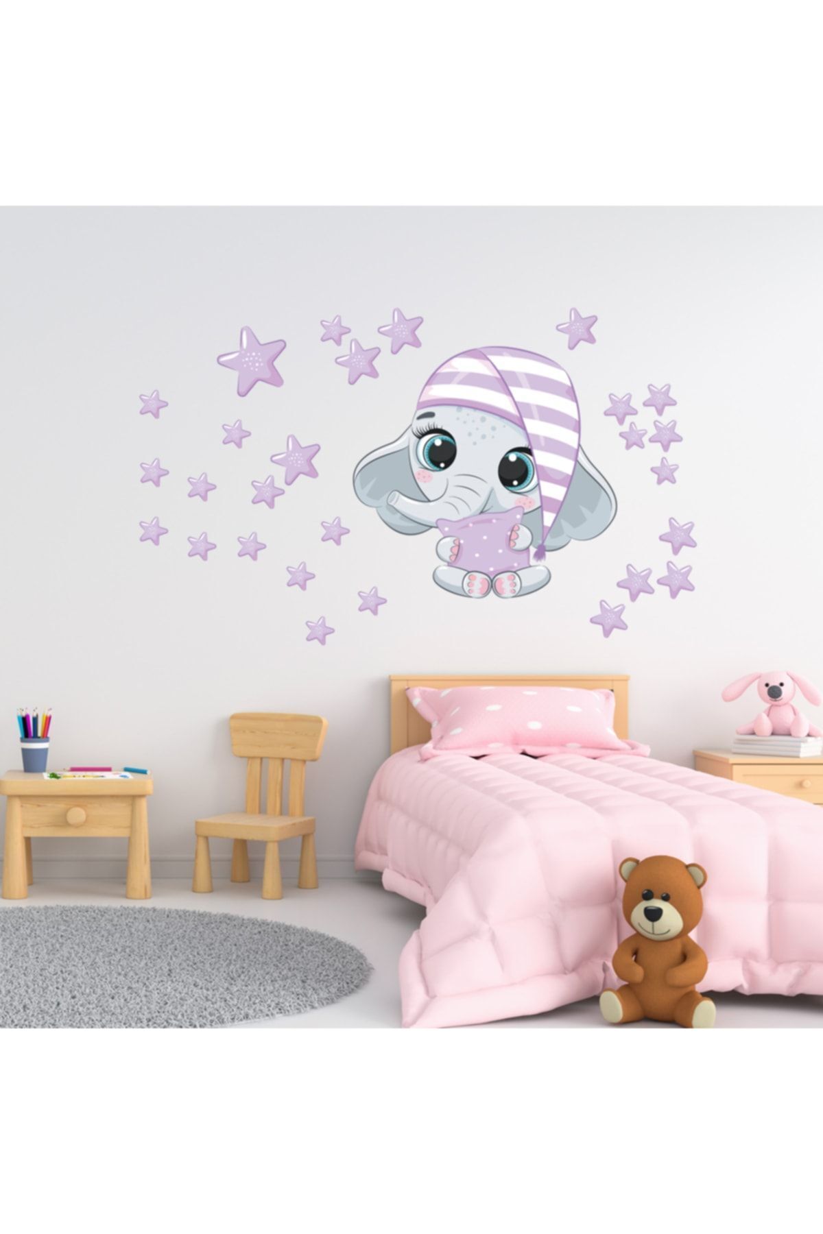 Elioure Sevimli Fil Çocuk Odası Stickerleri, 28 Parça, 29x29cm, Pembe Renk