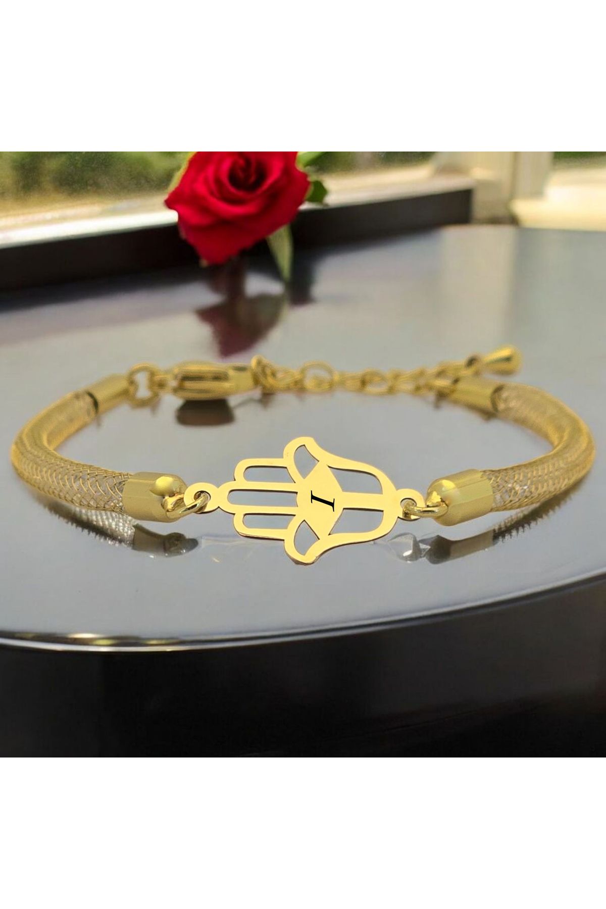 ARCHINO GOLD I Harfine Özel Hamsa Motifli 14 Ayar Altın Plakalı Hasır Kordonlu Hediye Bileklik-499harf