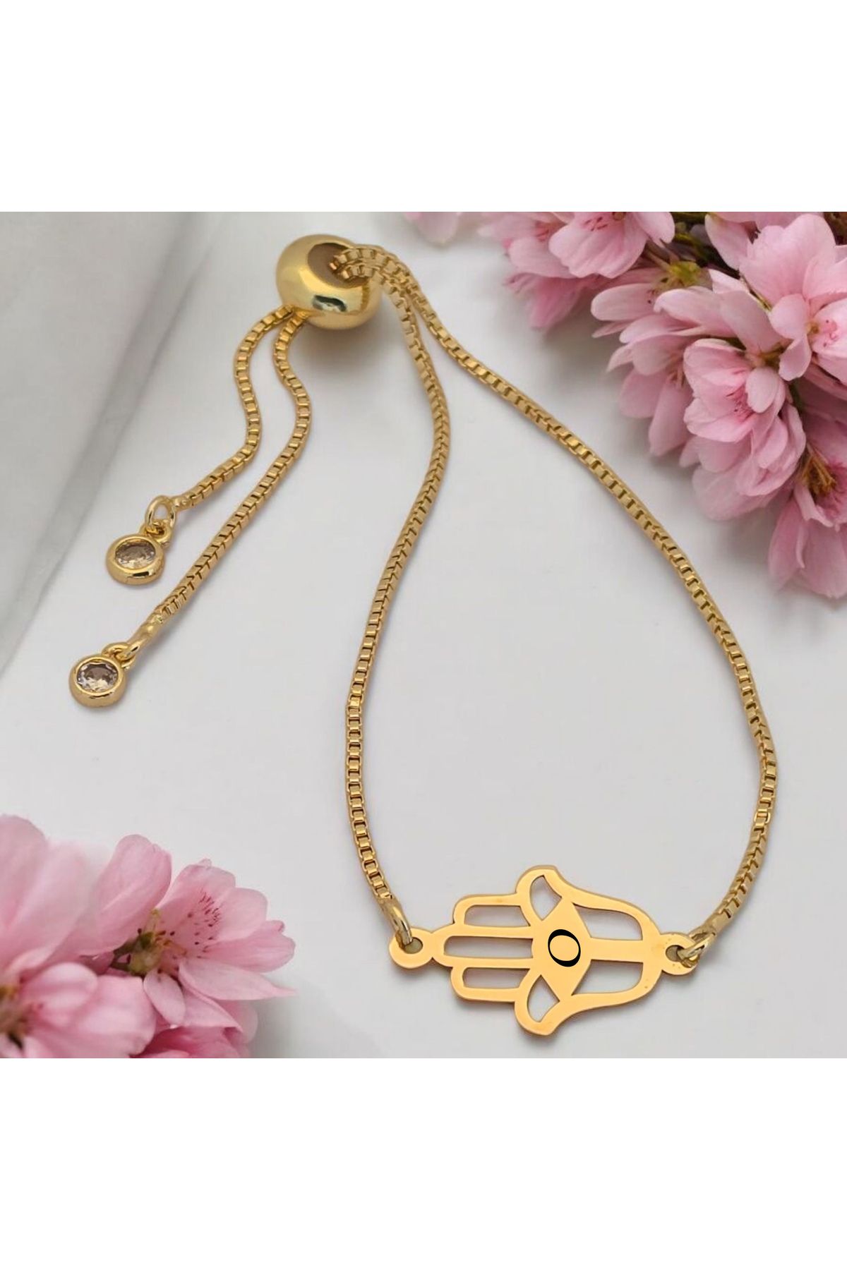 ARCHINO GOLD O Harfine Özel 14 Ayar Altın Plakalı Zincirli Hamsa Motifli Hediye Bileklik-497harf