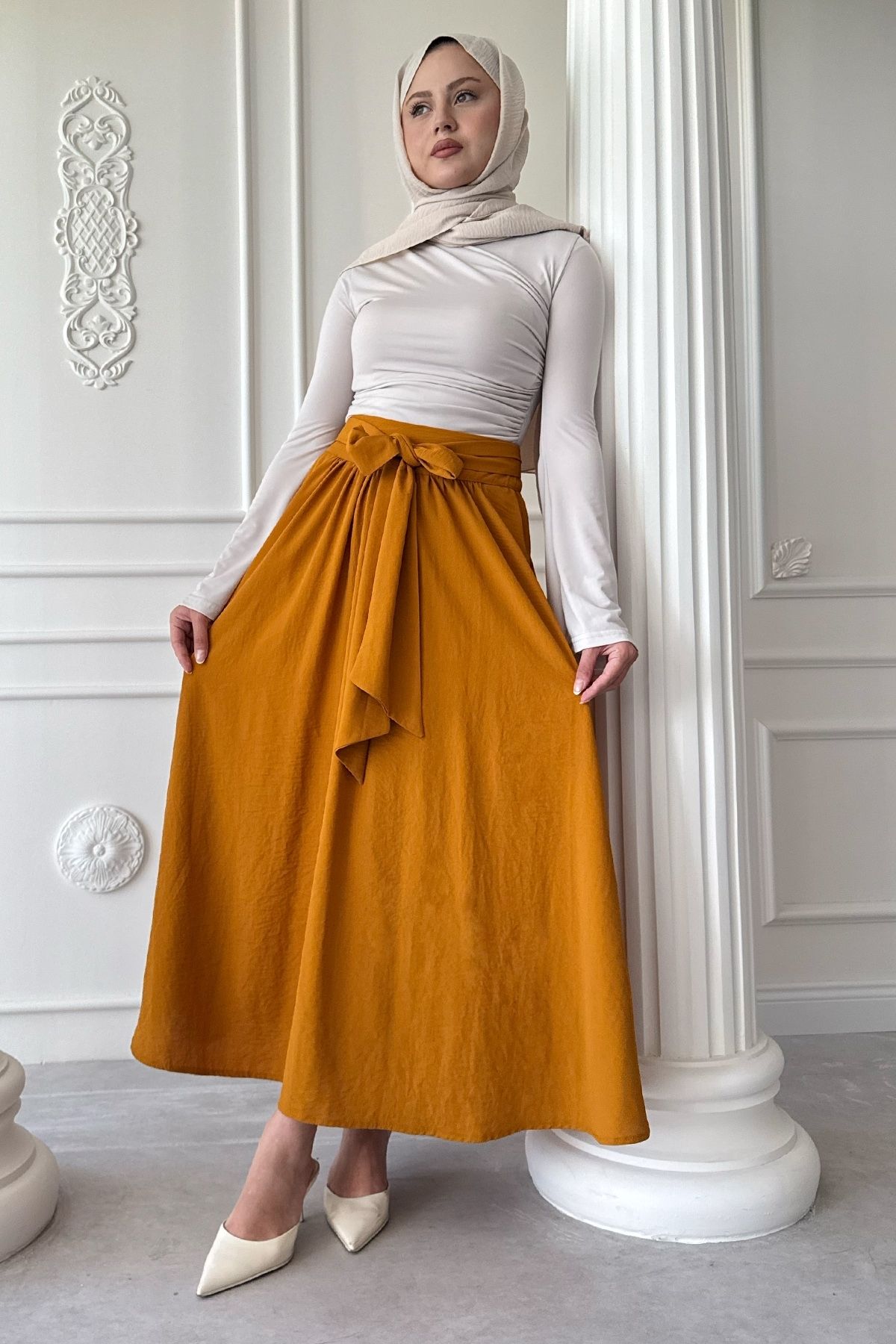 InStyle Pileli Kuşak Detay Sarı Etek
