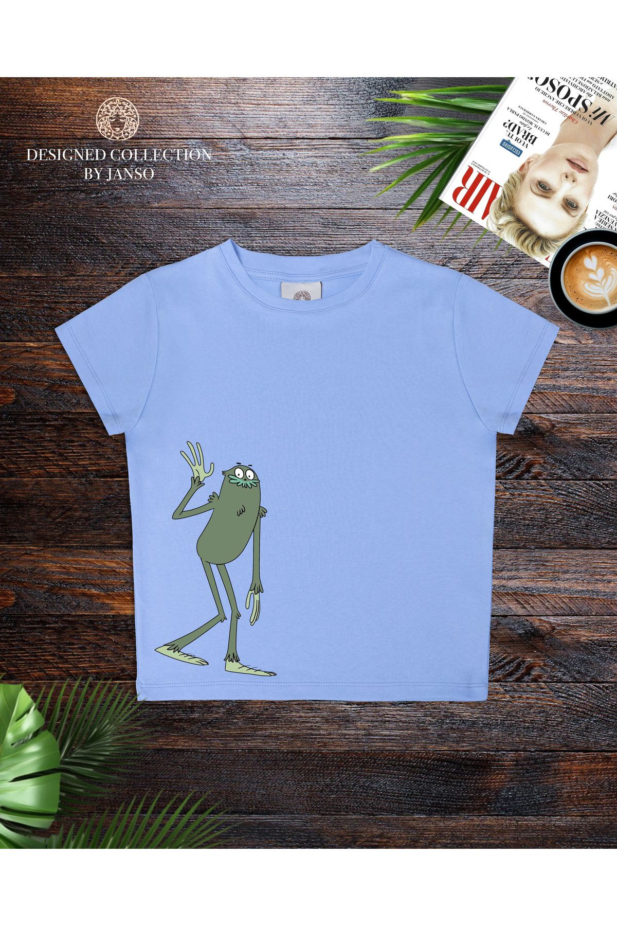 JANSO GROUP - KADIN KISA KOLLU CROP TSHIRT BASKILI kurbağa PAMUKLU PENYE KUMAŞ