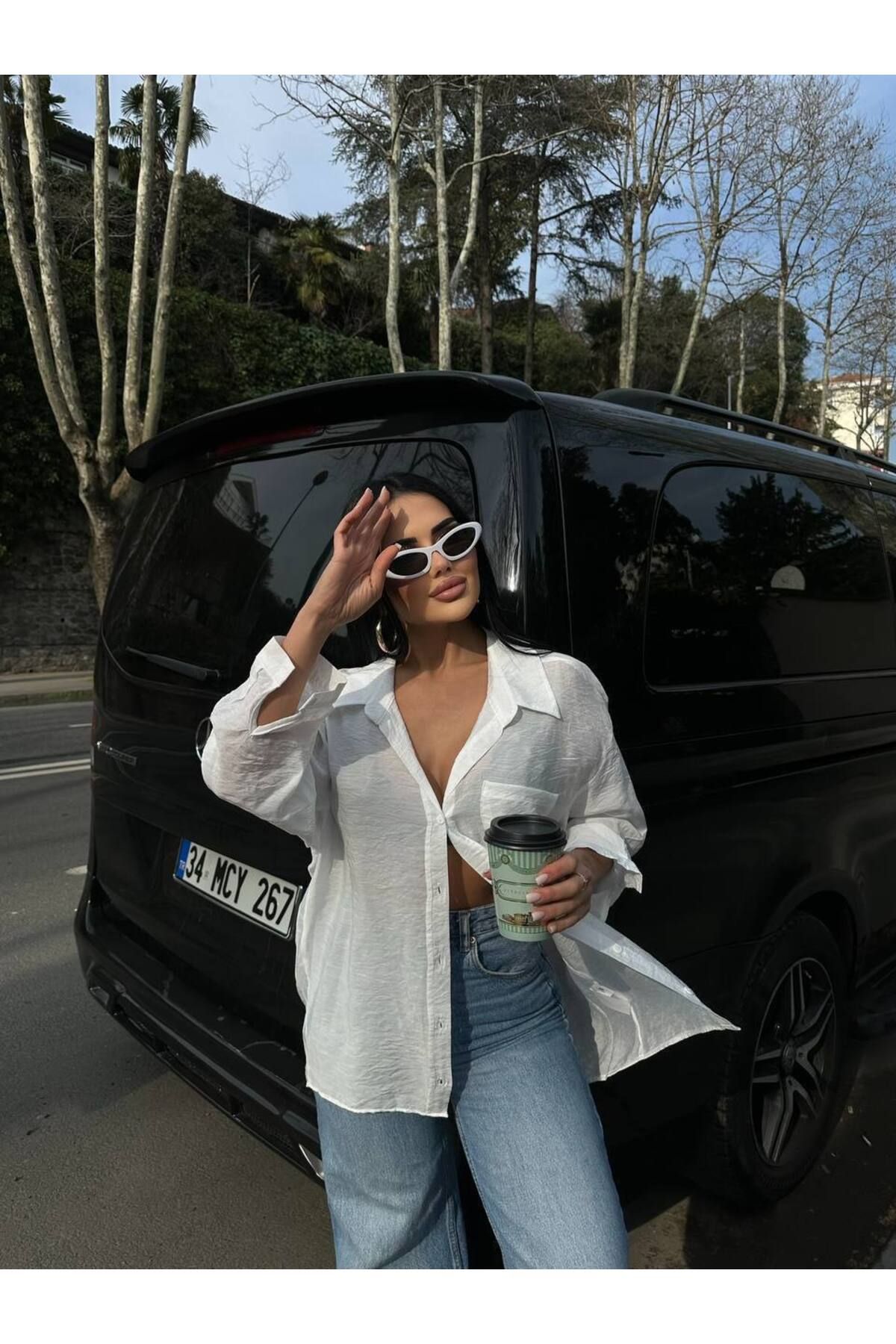 MADAMMERY Premium Kalite İnce Oversize Beyaz Kadın Gömlek