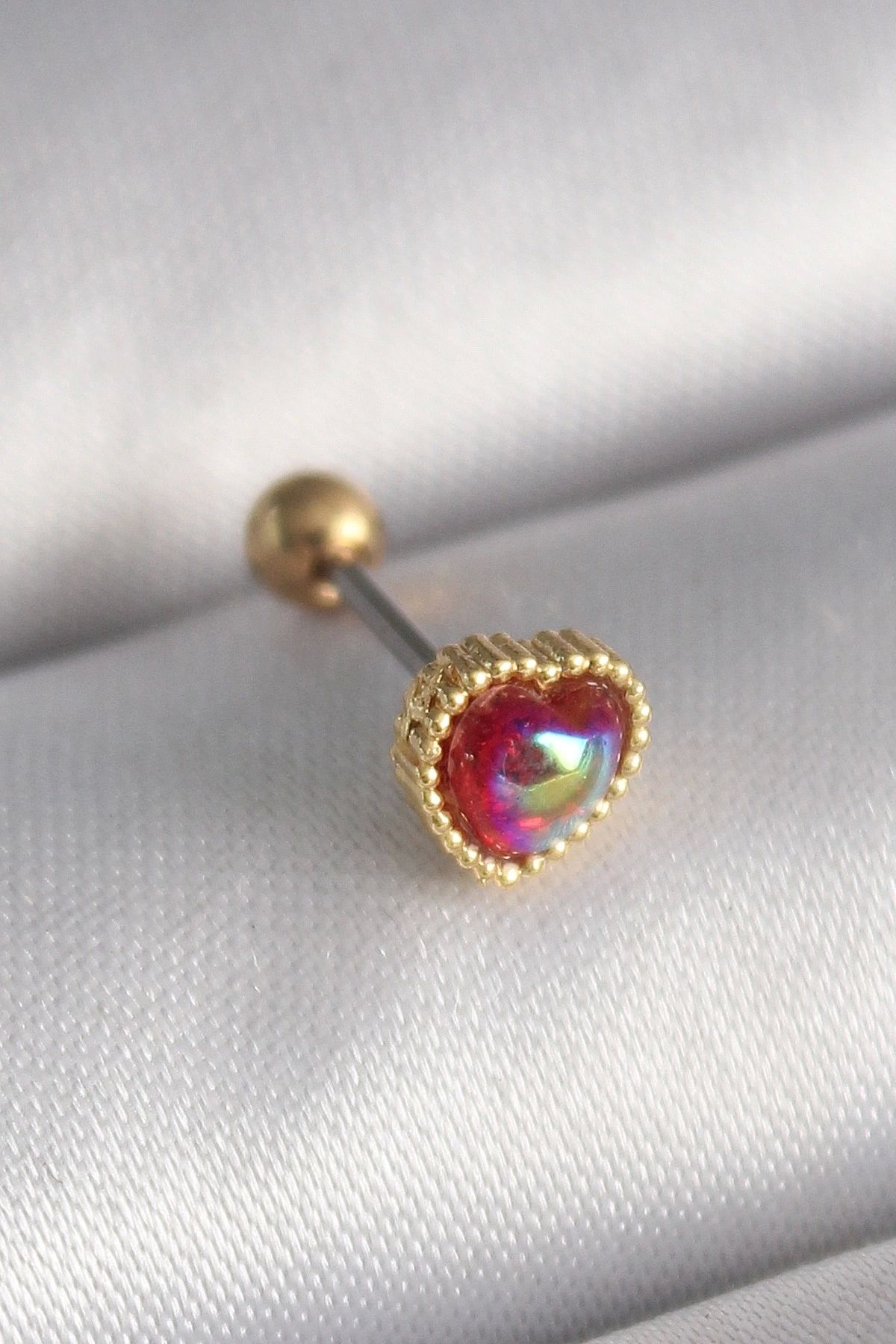 shopwave 316L Çelik Gold Renk Kırmızı Mineli Kalp Tragus Piercing