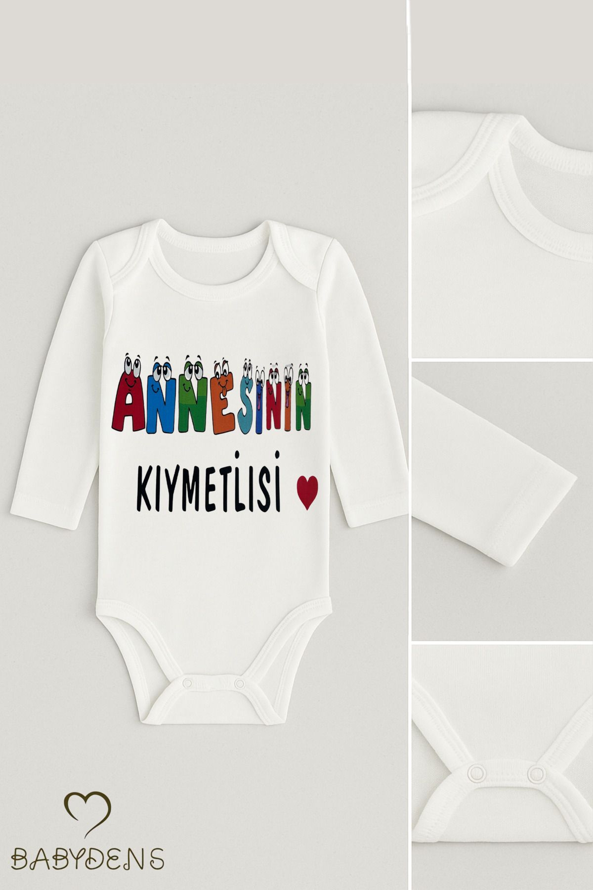 BABYDEN'S Annesinin Kıymetlisi Yazılı Uzun Kollu Çıtçıtlı Bebek Body Zıbın – %100 Pamuk, Unisex, 0-24 Ay
