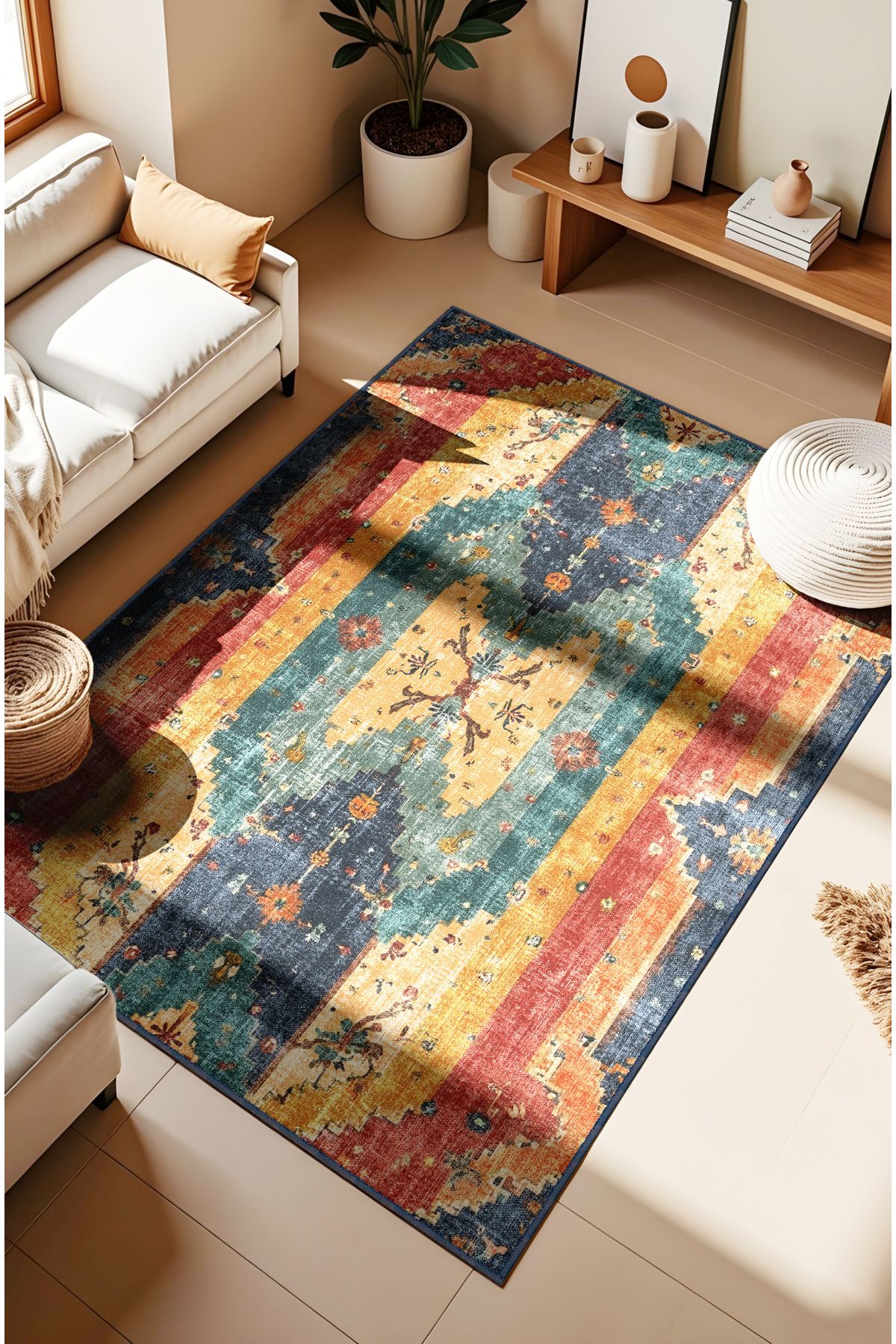 MUN HOME Etnik modern Desenli renkli Kırmızı yeşil sarı Vintage Dokuma Taban Dijital Baskılı Halı kilim
