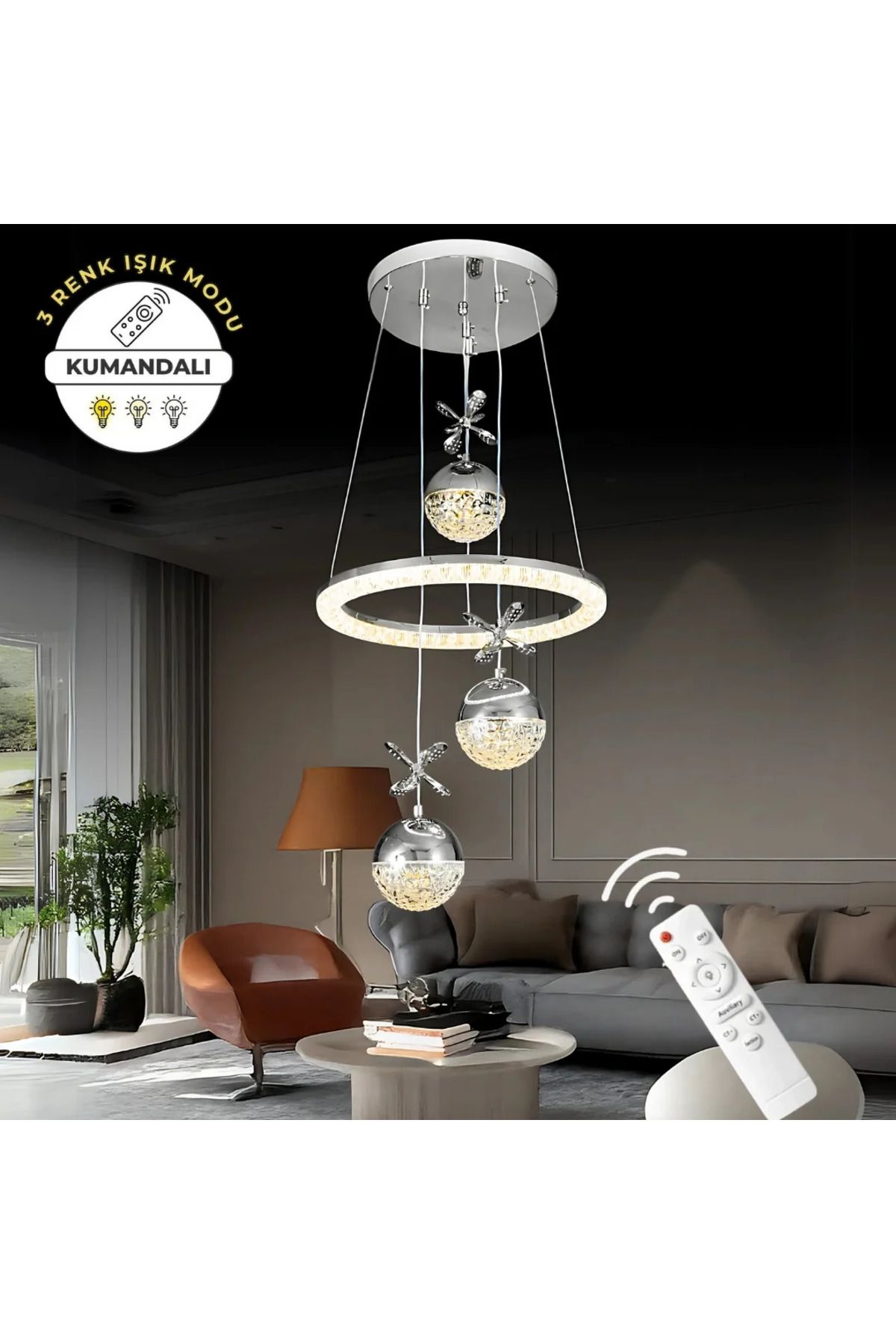durulight Krom Lüks Kumandalı Dimmerli 3 Renk Ledli Avize Modern ve Göz Alıcı Salon Aydınlatması