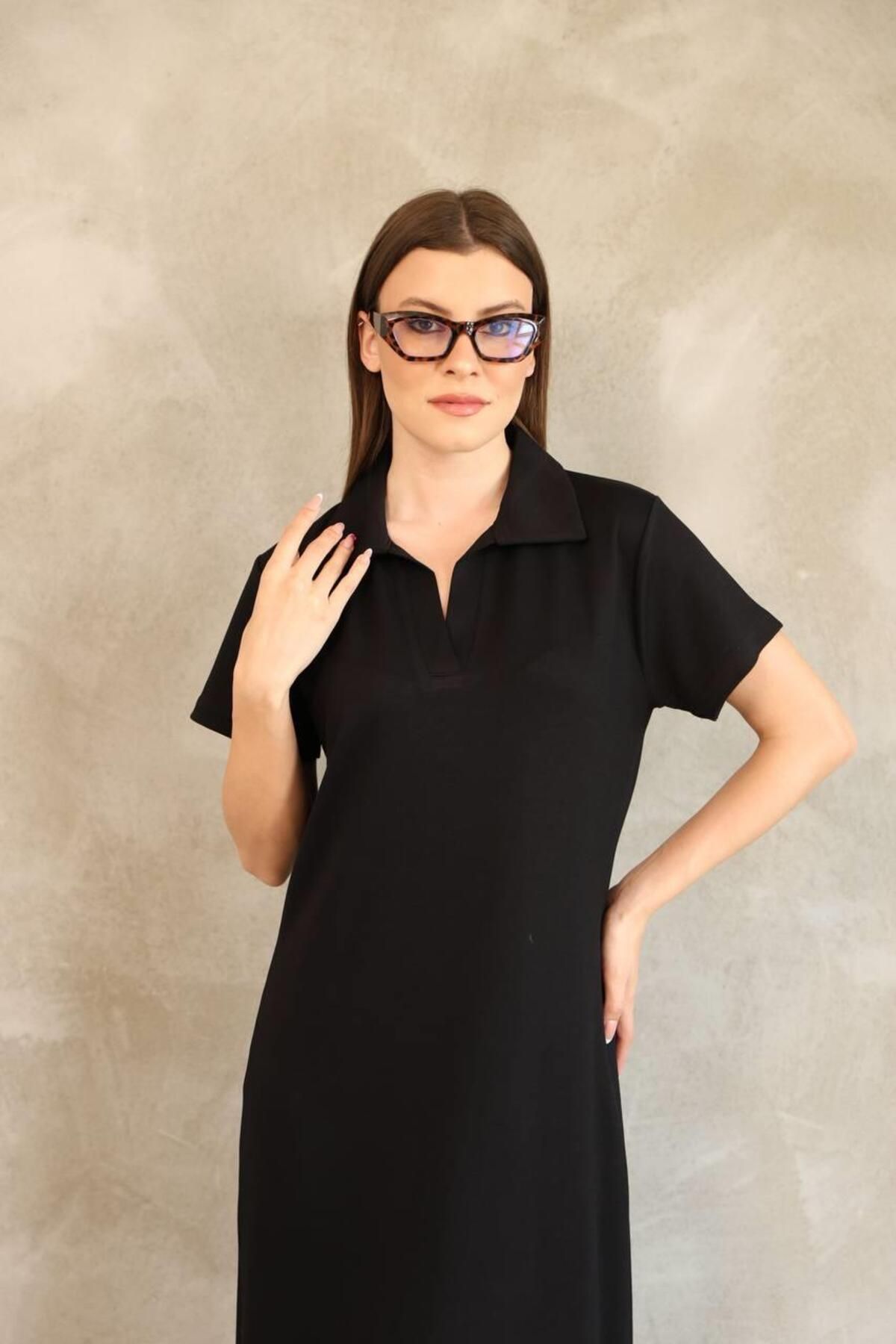 BELISTIL Siyah Polo Yaka Modal Kumaş Yırtmaçlı Uzun Elbise