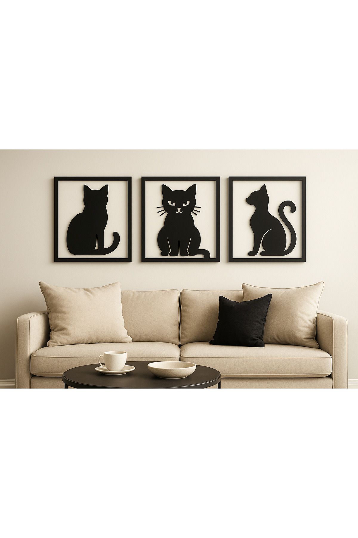 Artella Dekoratif Siyah Kedili 3’lü MDF Duvar Tablosu – Modern Minimalist Lazer Kesim Set 25x35