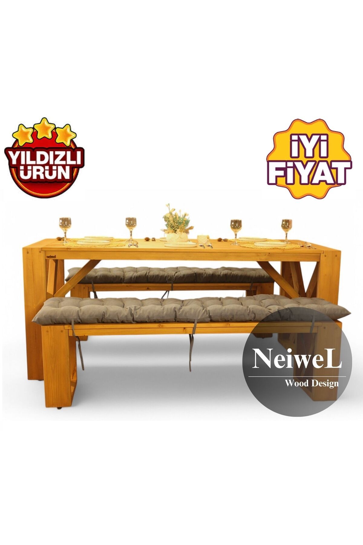 Neiwel Velmar Doğal Ahşap Banklı Yemek Masası Takımı-80-260 Takım