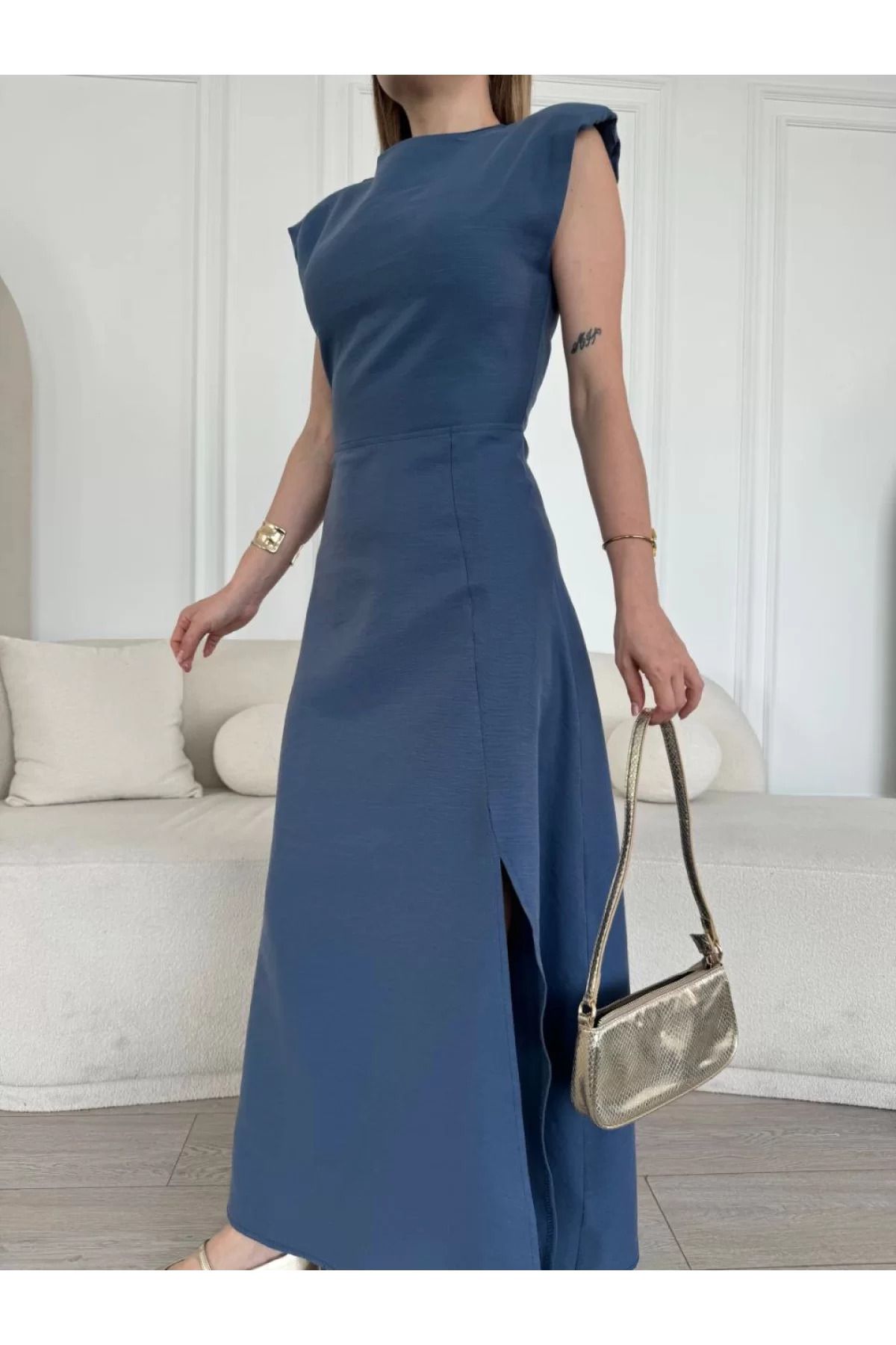 ruum fashions Keten Yandan Yırtmaçlı Uzun Elbise