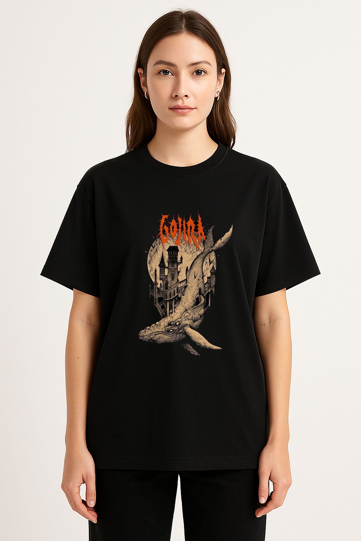 sielta Gojira Müzik Grubu Baskılı Bisiklet Yaka Oversize Siyah Tişört Thsirt