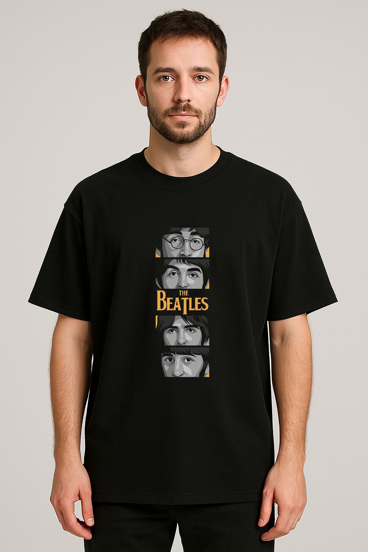 sielta The Beatles Müzik Grubu Baskılı Bisiklet Yaka Oversize Siyah Tişört Thsirt