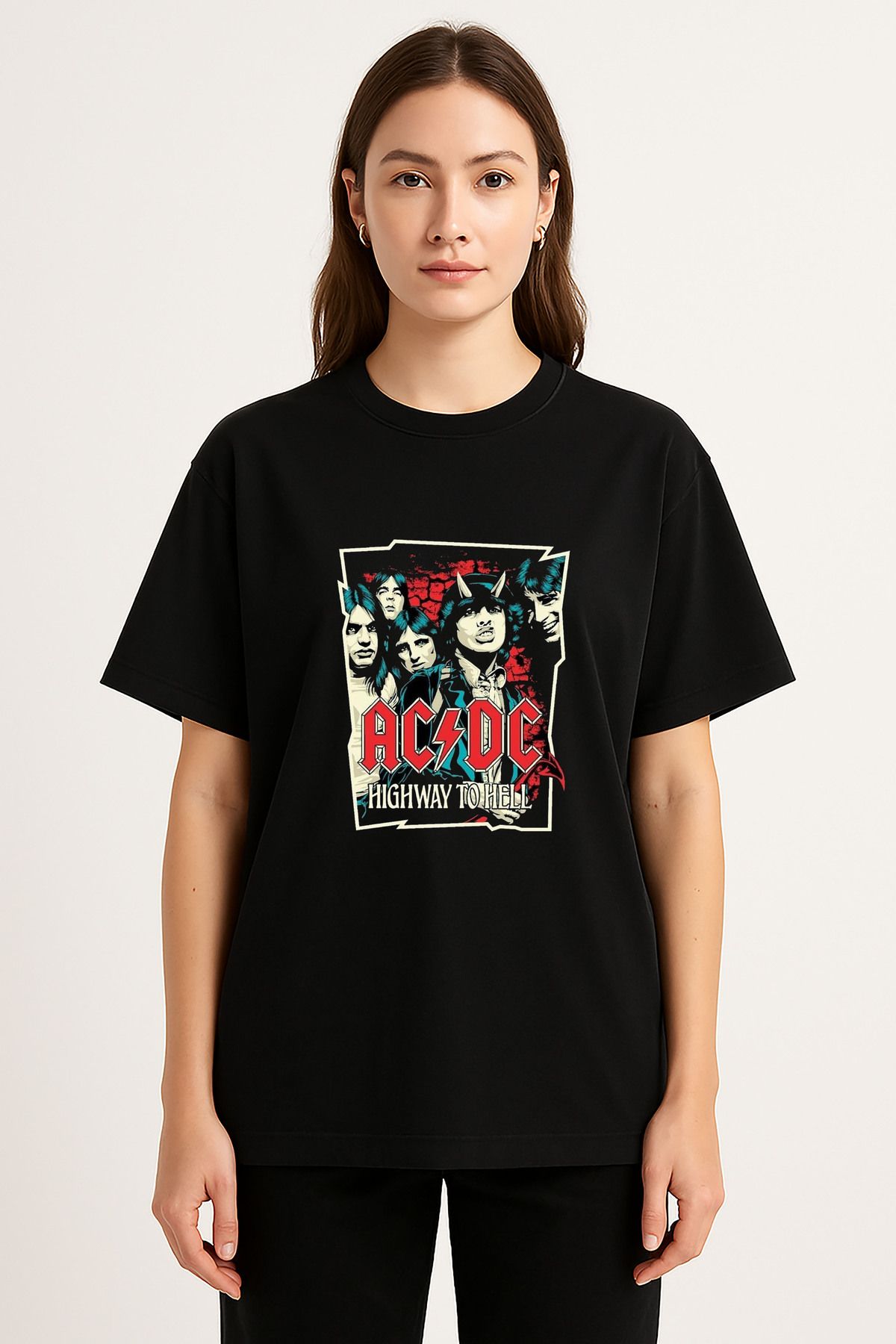 sielta Ac Dc Müzik Grubu Baskılı Bisiklet Yaka Oversize Siyah Tişört T-shirt