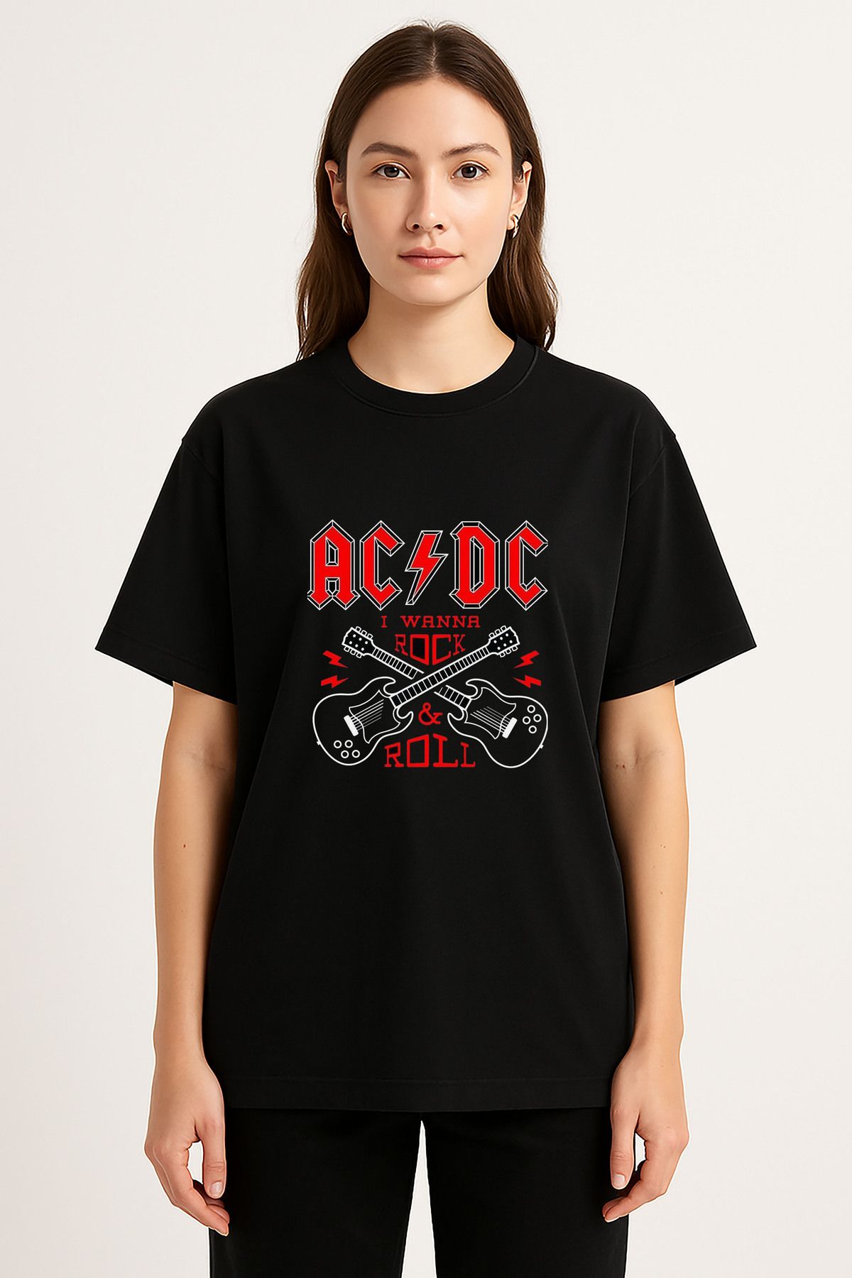 sielta Ac Dc Müzik Grubu Baskılı Bisiklet Yaka Oversize Siyah Tişört T-shirt