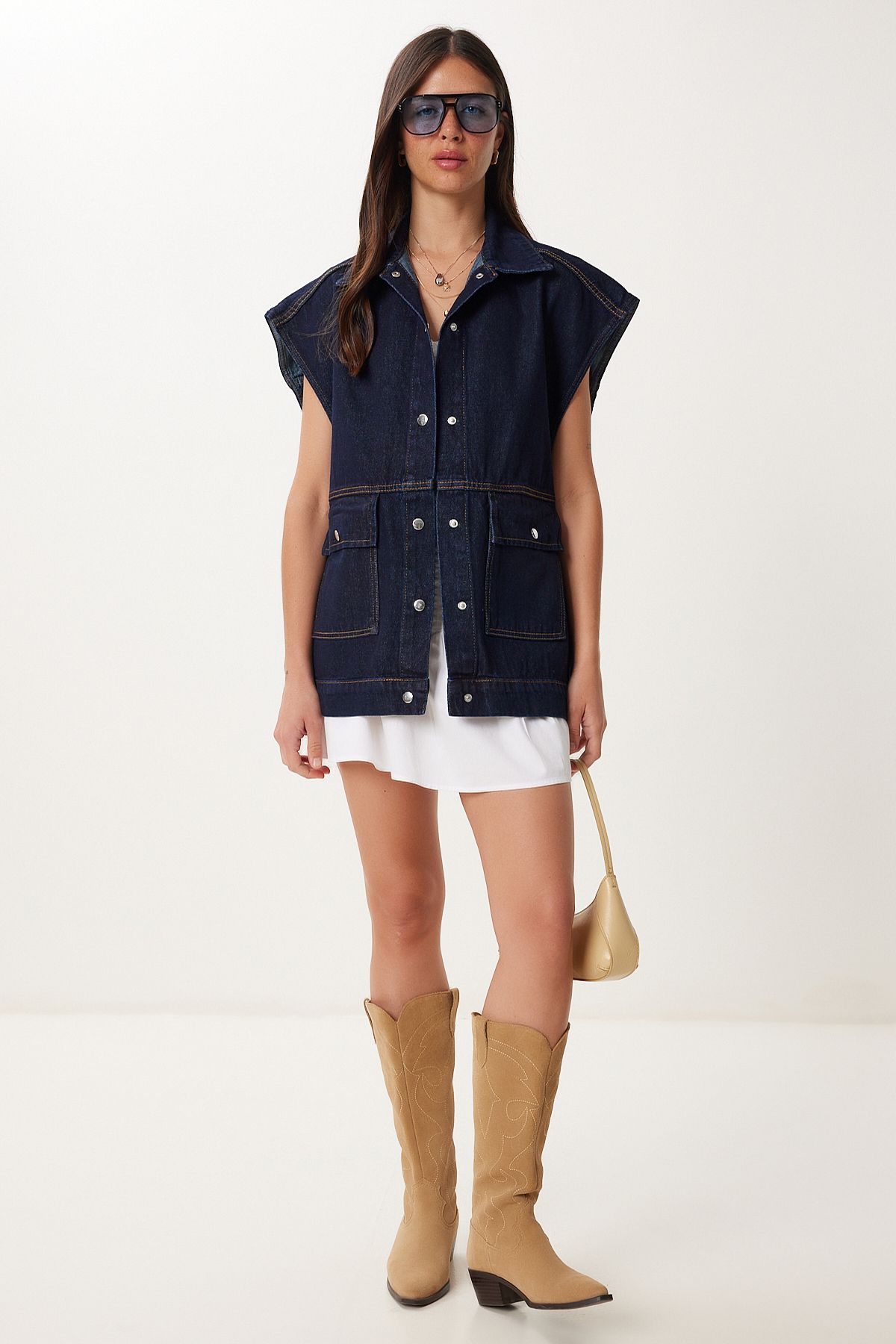 Happiness İstanbul Kadın Koyu Mavi Polo Yaka Cepli Denim Yelek RV00213