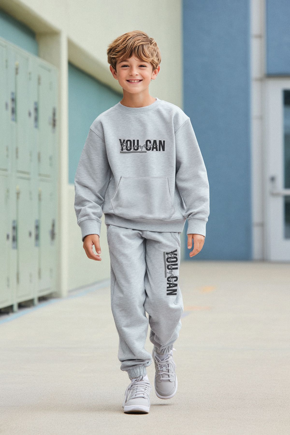 TRENDYOLKIDS-Pletená sada chlapecké šedé melanže Slogan - Tkdaw25Au00149 1