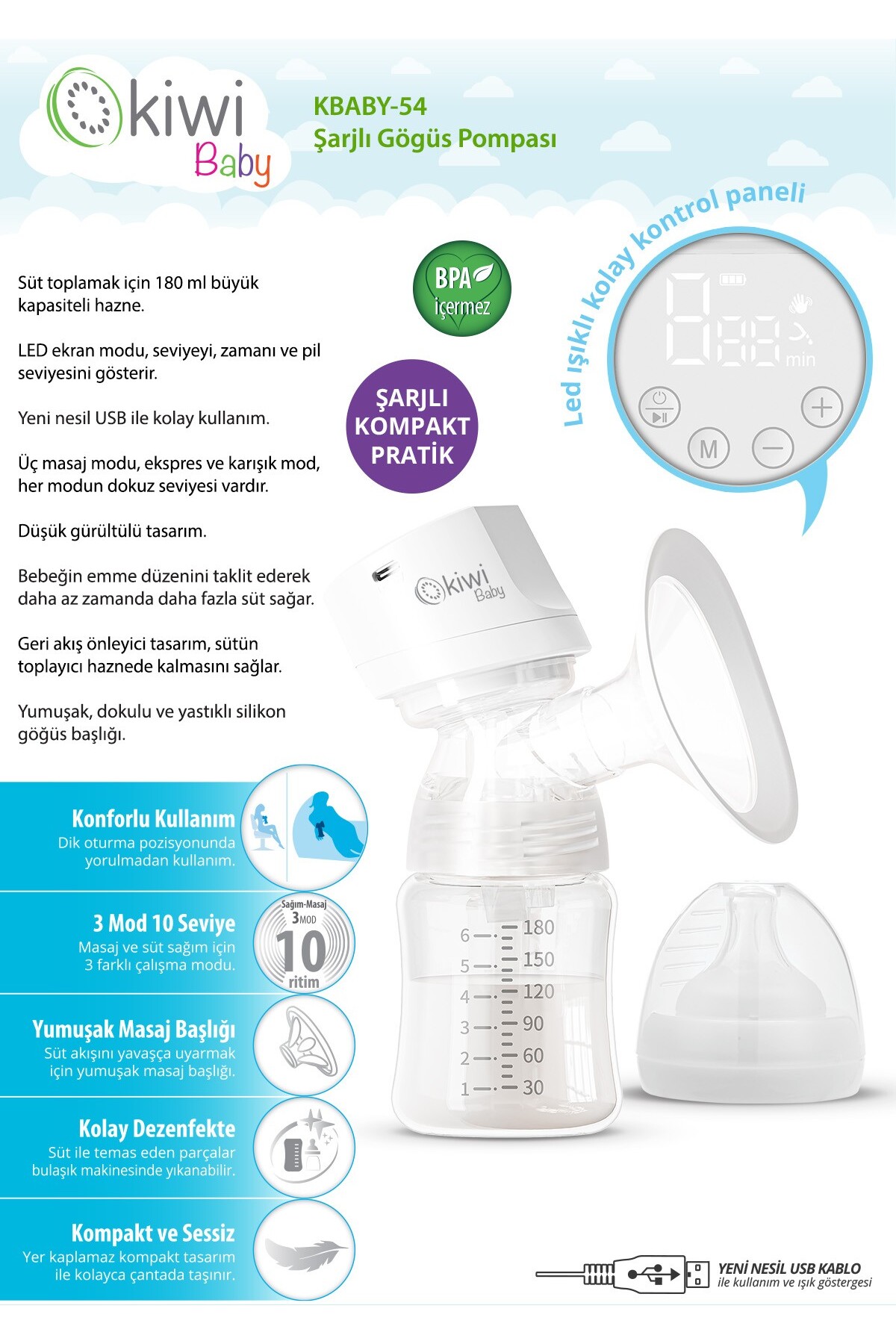 Kiwibaby Kiwi Kbaby 54 Şarjlı Göğüs Pompası