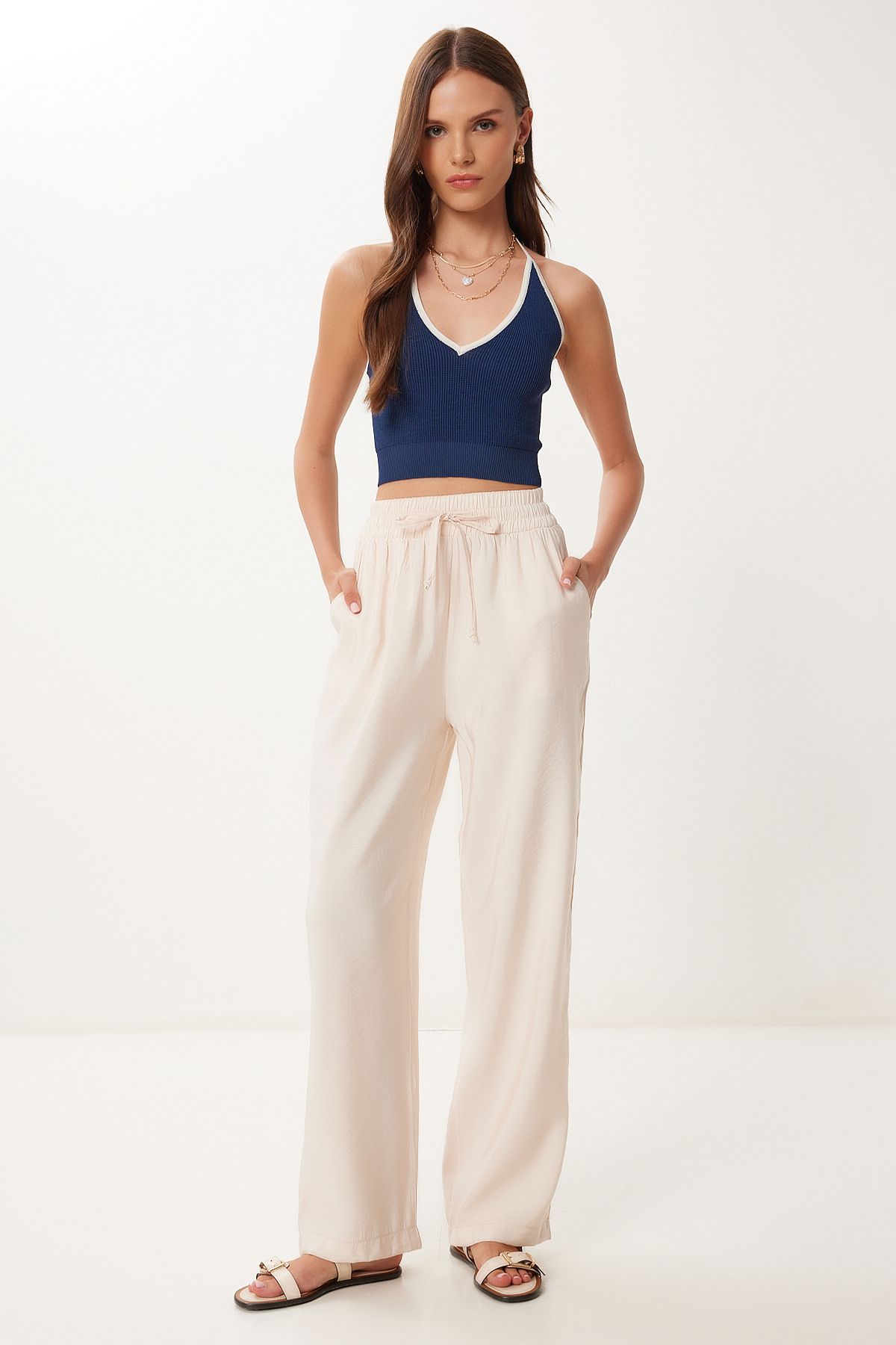 Happiness İstanbul-Women's Cream Wide Leg Summer Modal Trousers Bv00157 2