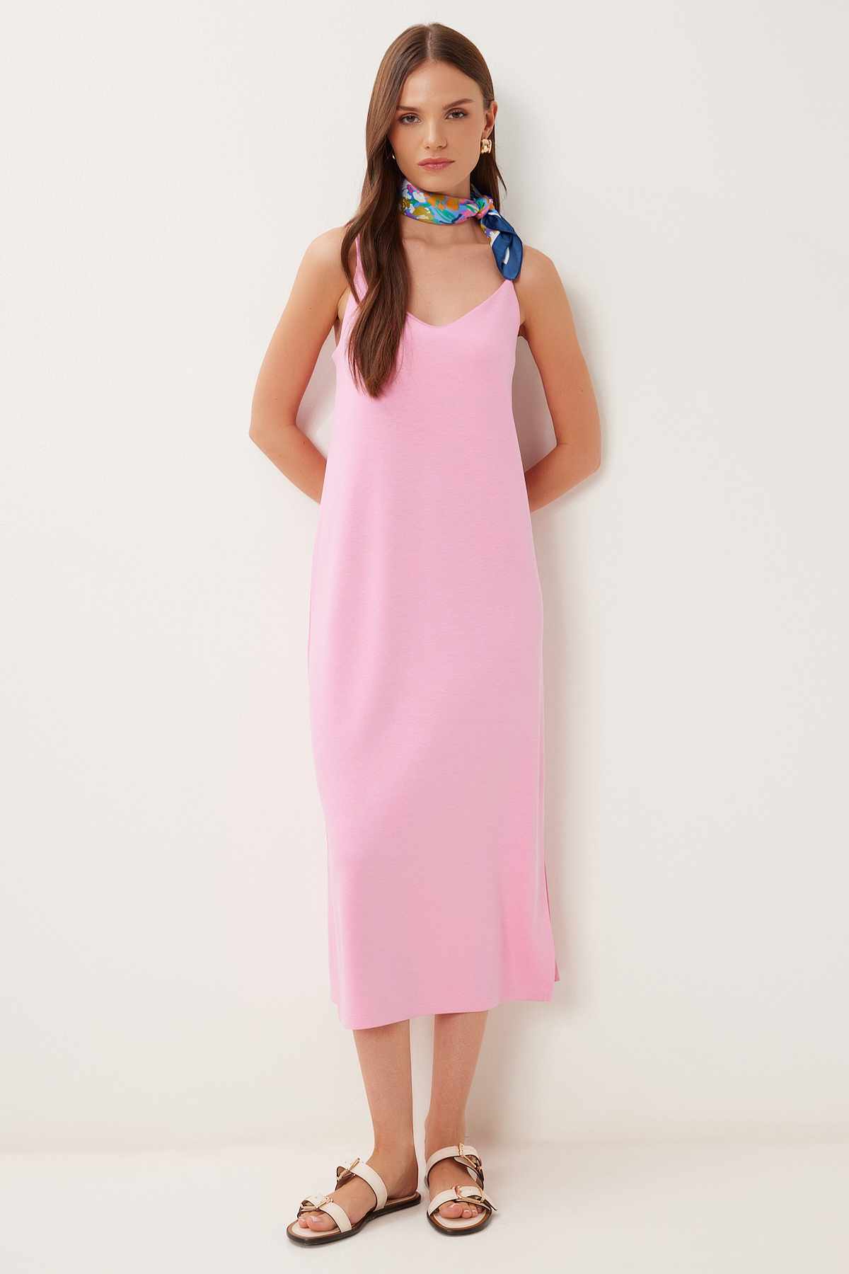 Happiness İstanbul Women's Pink Strap Basic Flexible Modal Dress Bv00150