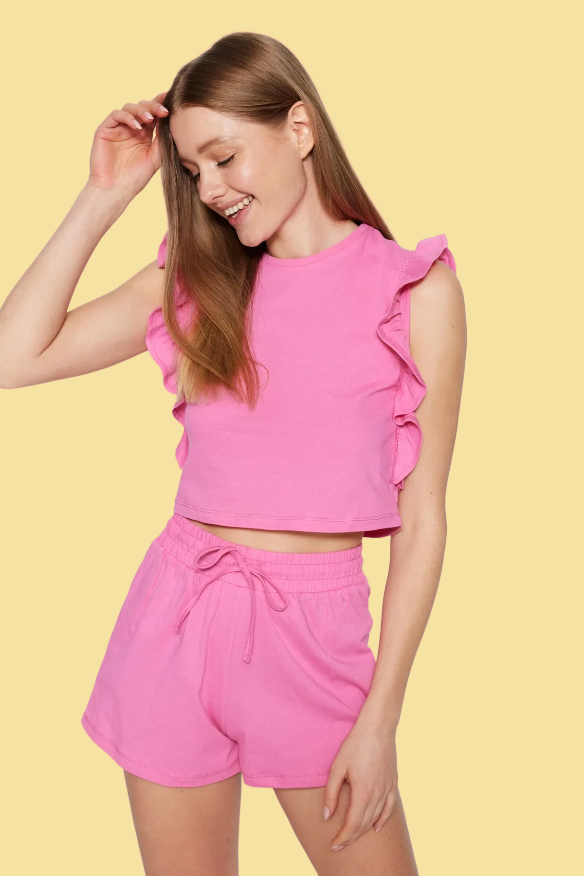 Trendyol Collection Cotton Pink Ruffle Shorts Pajamas Set - Thmss23Pt00175