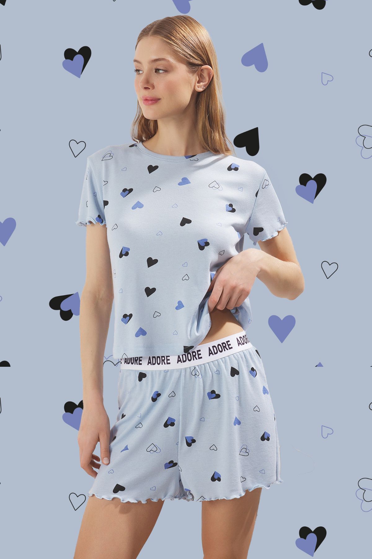 Trendyol Collection-Modré srdce Slogan Tištěné Elastické žebrované šortky Pletené pyžamo Set THMSS24PT00220 1