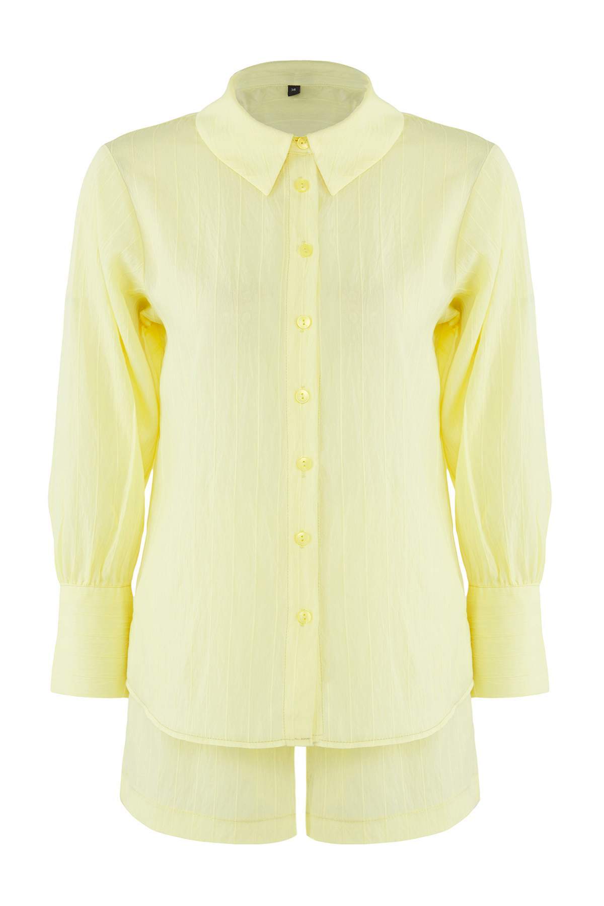 Trendyolmilla  Sarı Kendinden Çizgili Dokuma Gömlek-Şort Alt-Üst Takım TWOSS25AU00118 - Görsel 5