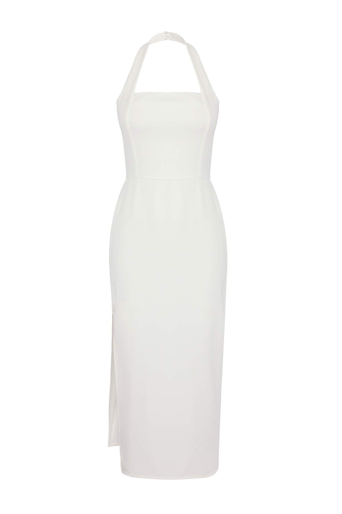 Trendyol Collection-Λευκό επένδυση Body Fitting Midi υφαντό φόρεμα με λεπτομέρεια σχισμής TPRSS24EL00136 5