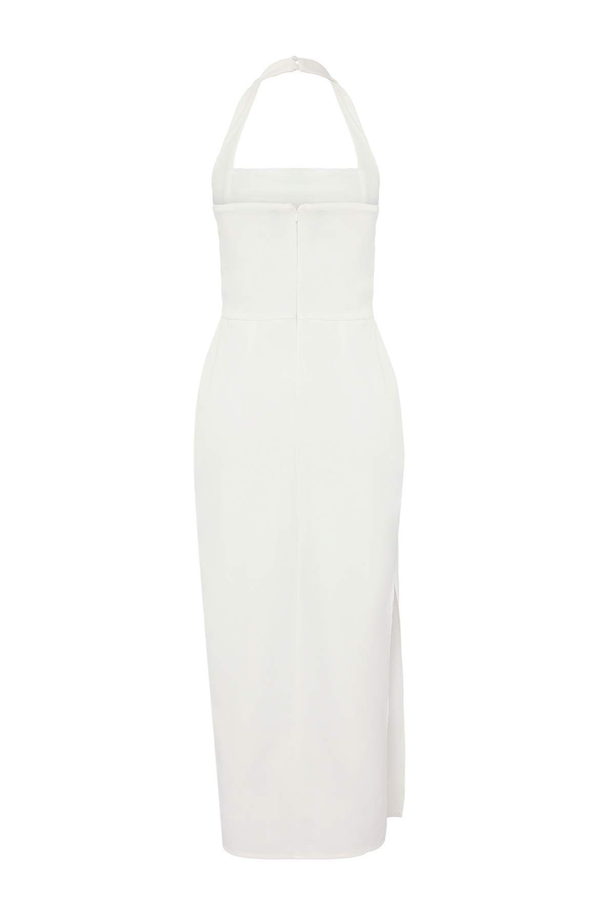 Trendyol Collection-Λευκό επένδυση Body Fitting Midi υφαντό φόρεμα με λεπτομέρεια σχισμής TPRSS24EL00136 6