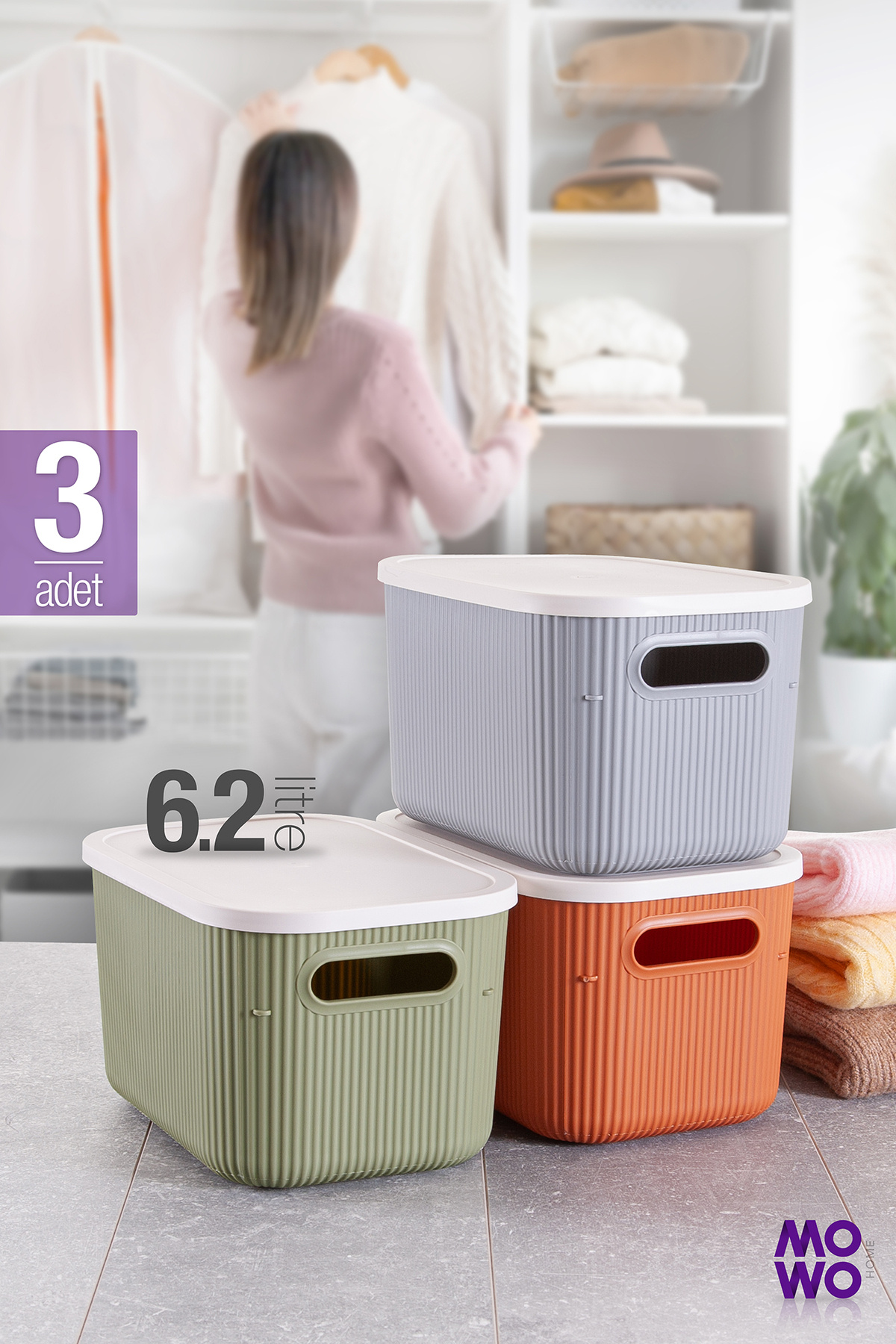 Mowo Home Trove 3 Adet 6.2 Lt Box Kutu, Saklama Kutusu, Sepet, Takı Makyaj Banyo Mutfak Düzenleyici