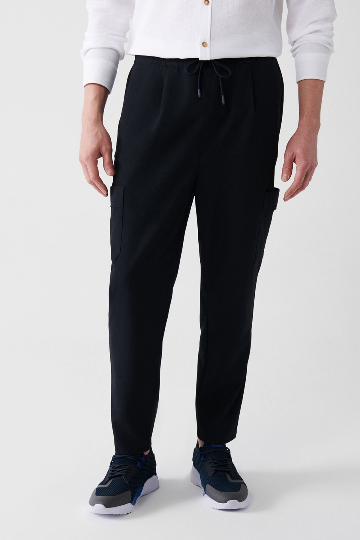 Avva-Pantaloni de jogger elastici pentru bărbați, albastru bleumarin, cu talie elastică, cu șireturi, cu buzunar cargo A31y3025 2