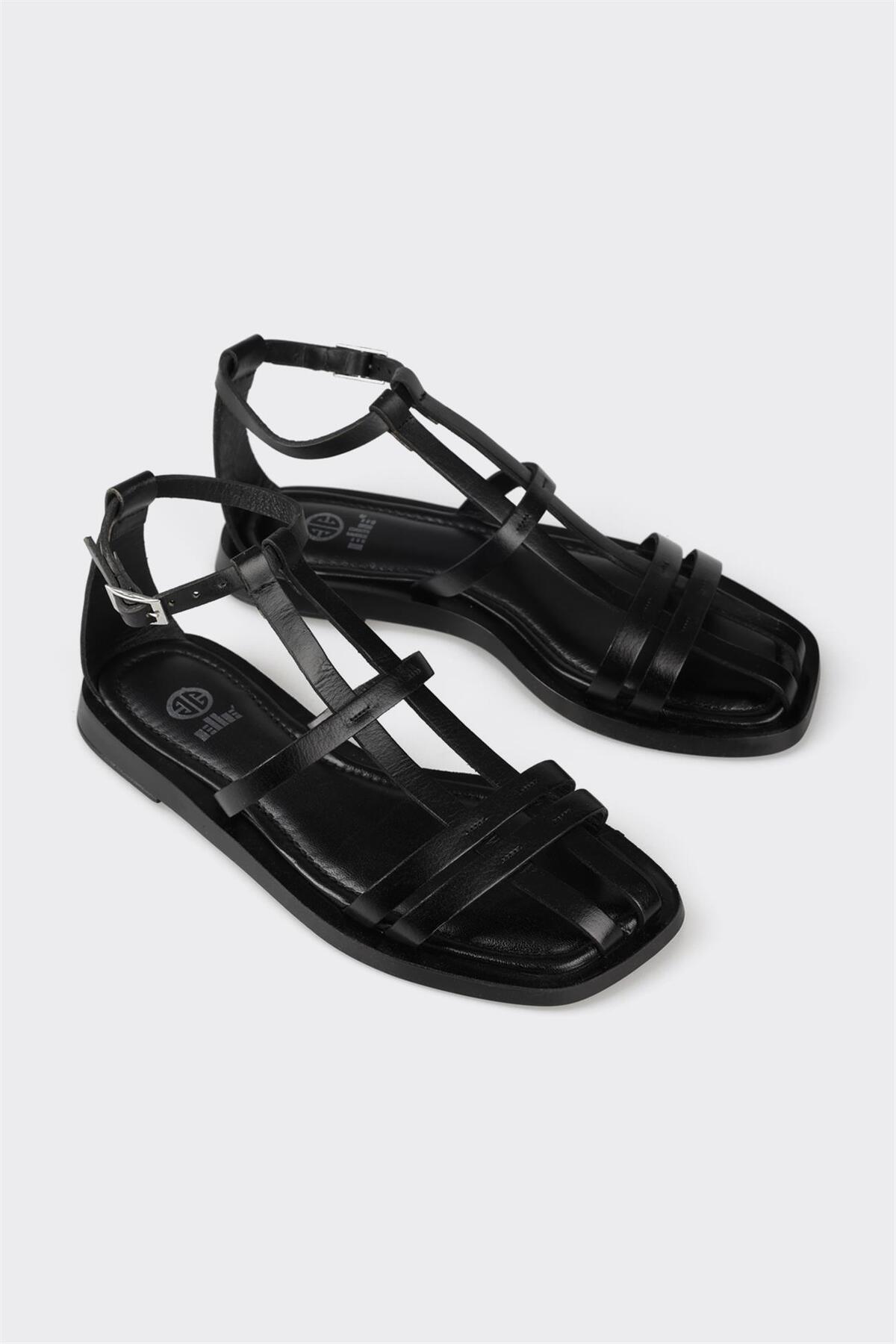 Elle  Siyah Deri Kadın Düz Sandalet - Görsel 2