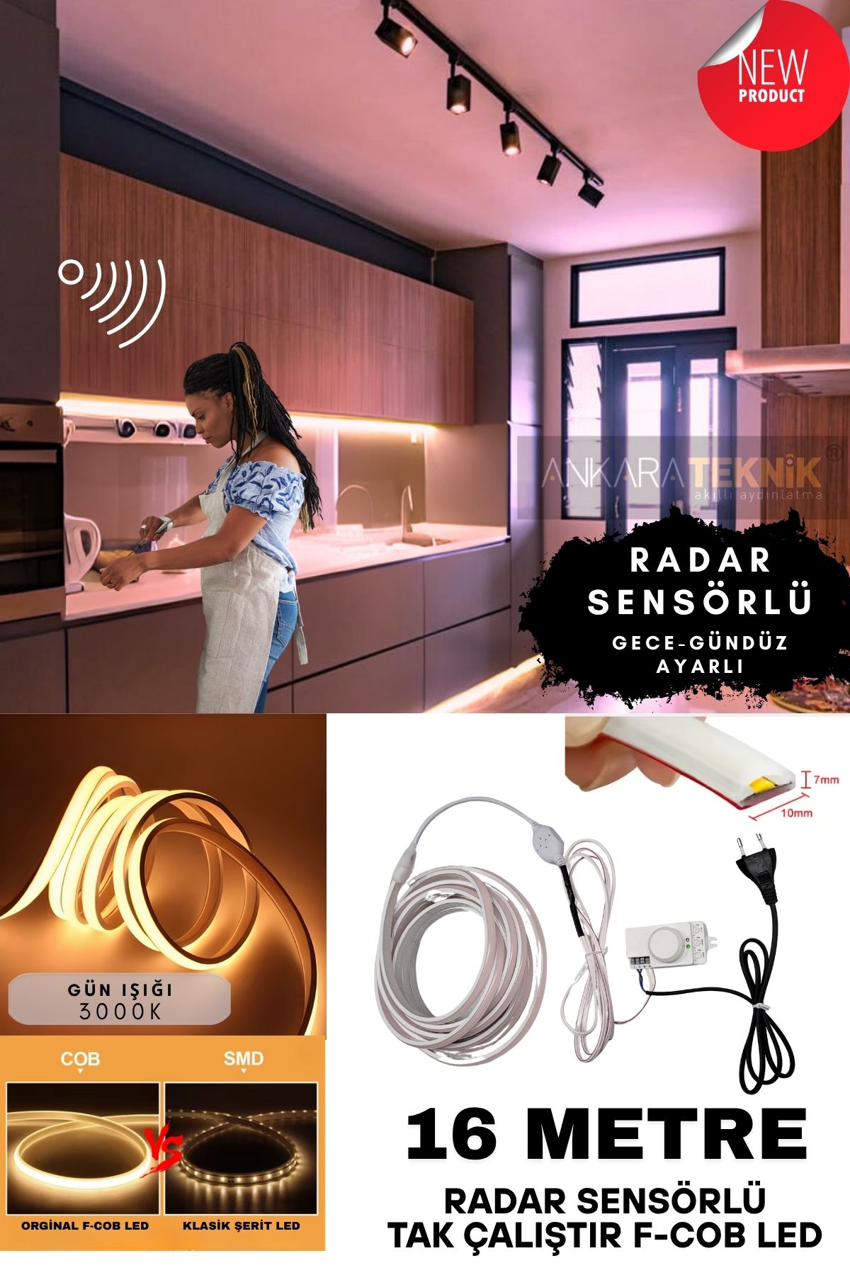 ankarateknik Sensörlü Gün Işığı (3000K) Renk F- Cob Neon Led / Yüksek Lümen/ Dolap Alcıpan Tavan Led /16 Metre