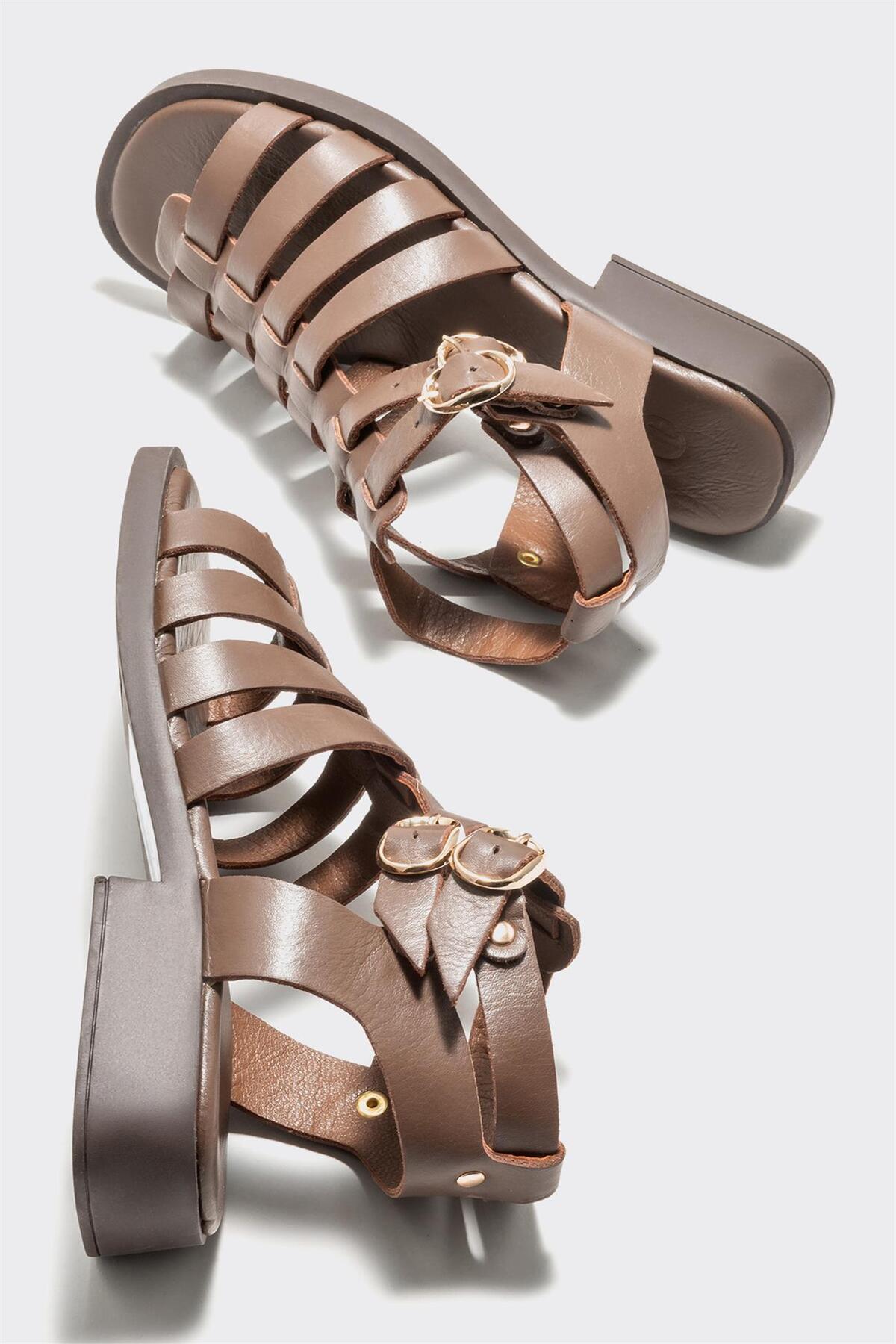 Elle  Kahve Deri Kadın Düz Sandalet - Görsel 4