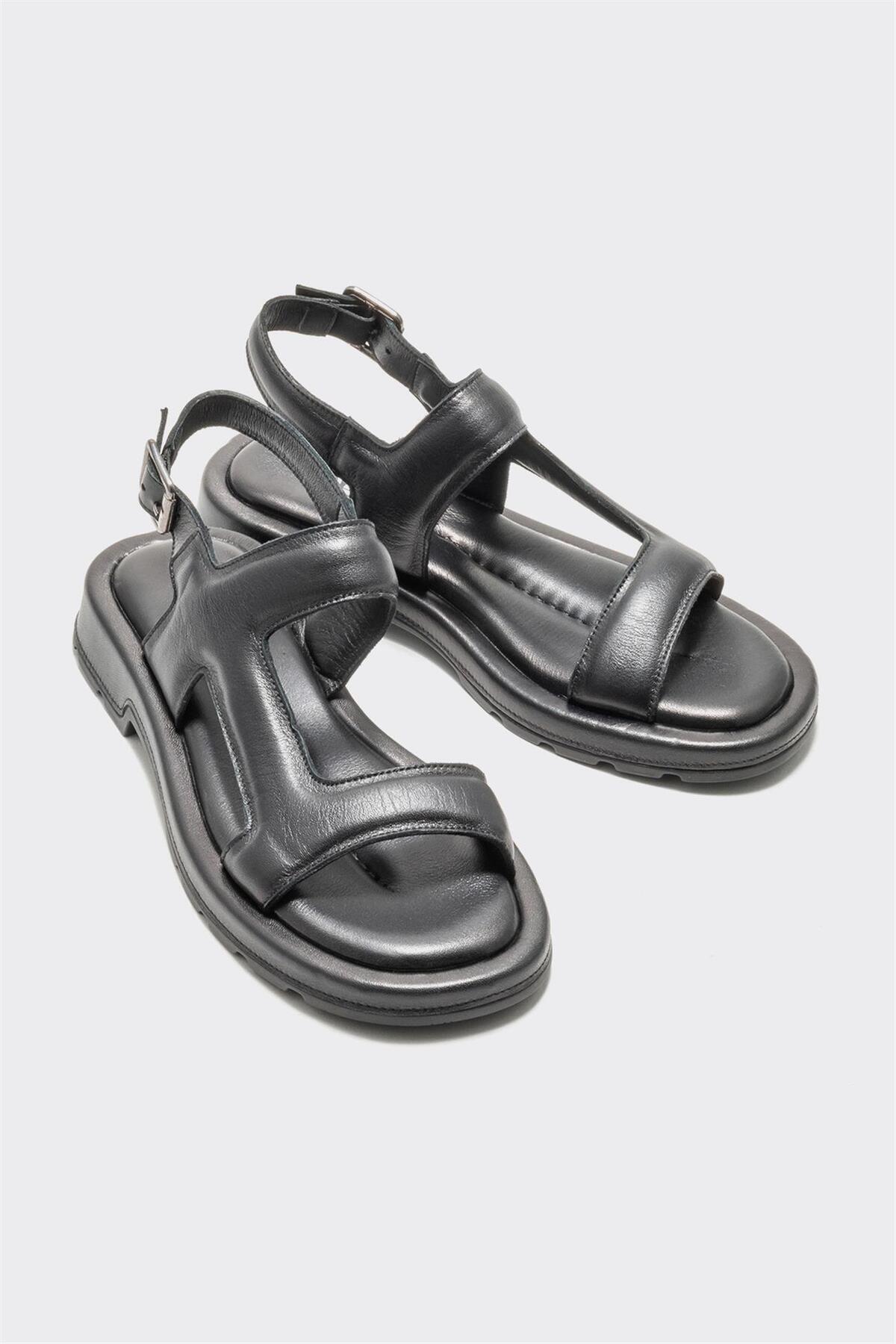 Elle  Siyah Deri Kadın Düz Sandalet - Görsel 2