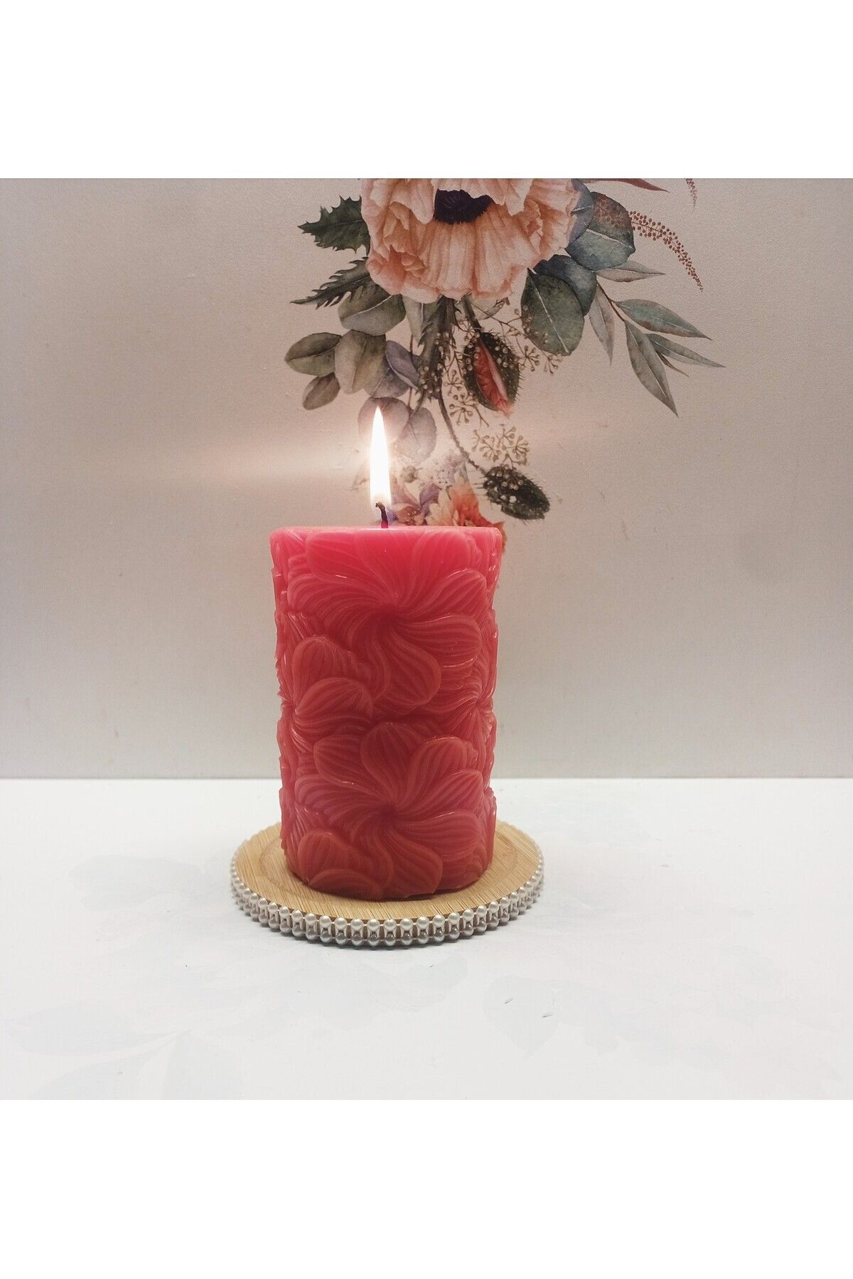 MADE SOYAWAX AROMA TERAPİ KOKULU ÇİÇEK DESENLİ MUM VE İNCİ DESENLİ AHŞAP MUM ALTLIĞI