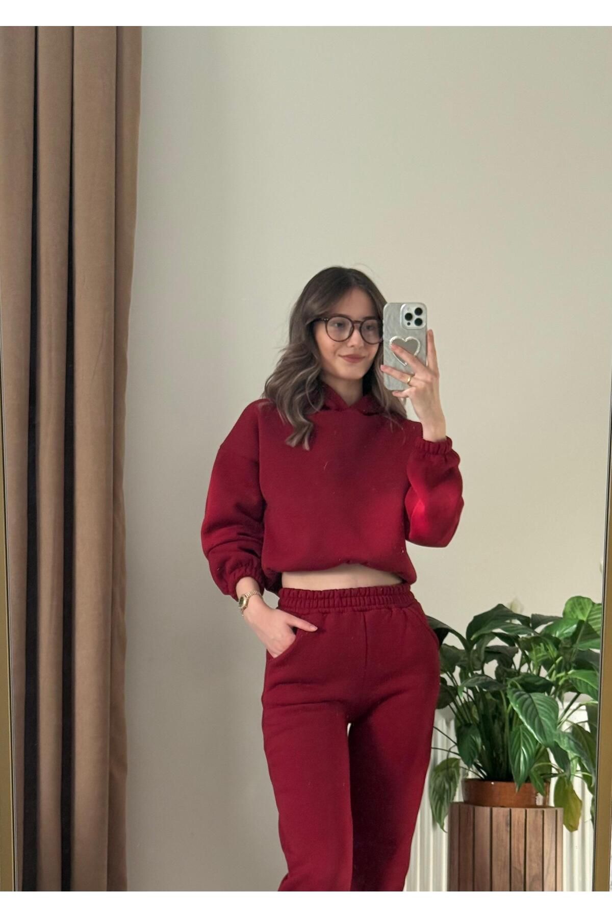 ZEYMA MODA CROP TAKIM KAPÜŞONLU ÜÇ İPLİK KALIN POLARLI EŞOFMAN TAKIMI
