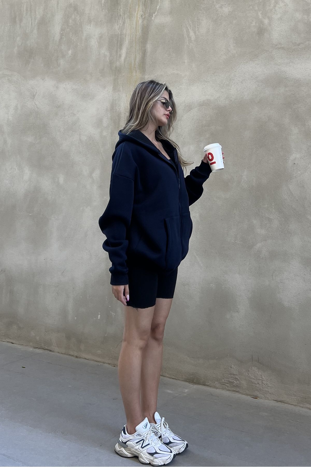 la & vetta  Koyu Lacivert Kapüşonlu Oversize Fermuarlı Şardonlu Sweatshirt - Görsel 5