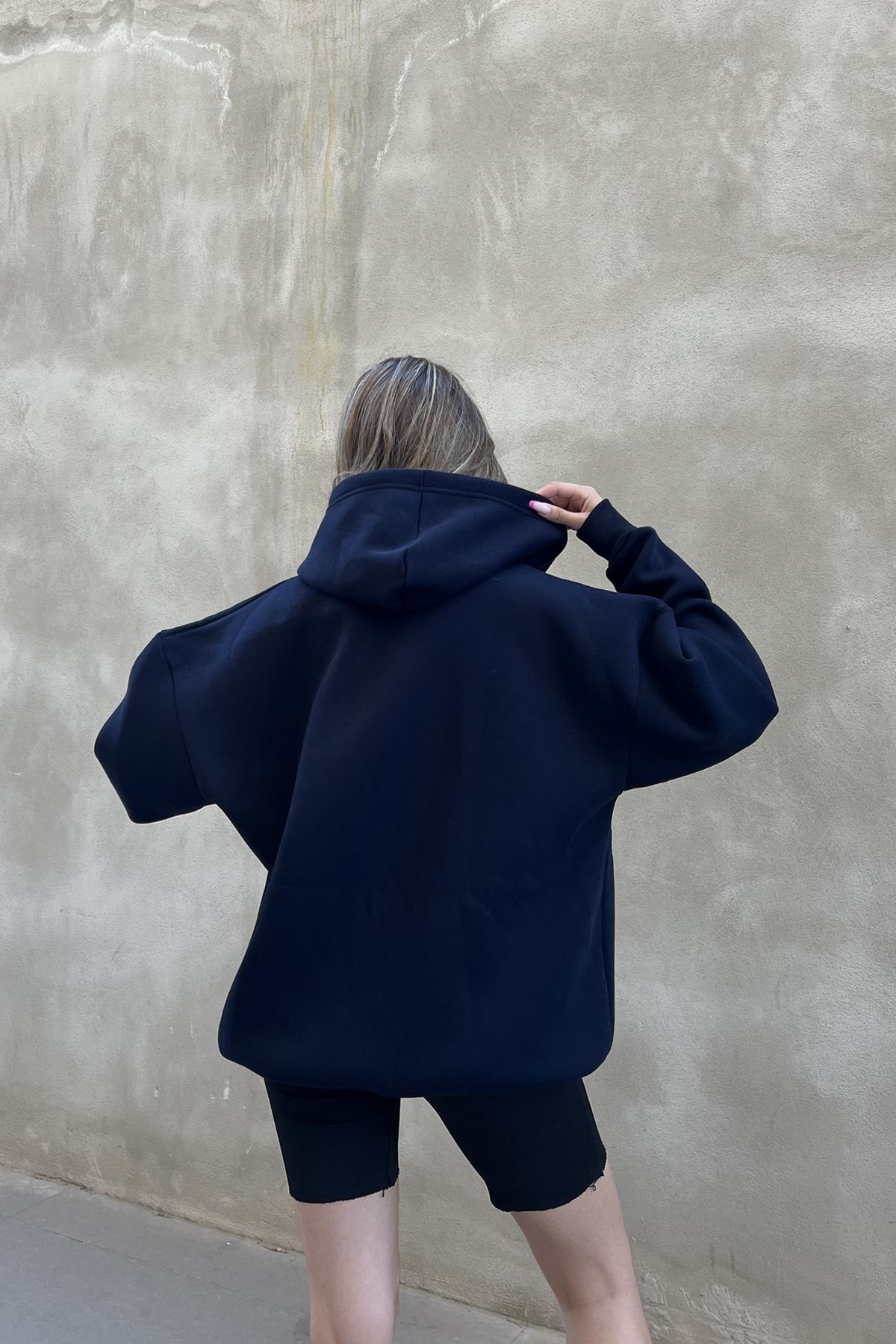 la & vetta  Koyu Lacivert Kapüşonlu Oversize Fermuarlı Şardonlu Sweatshirt - Görsel 7