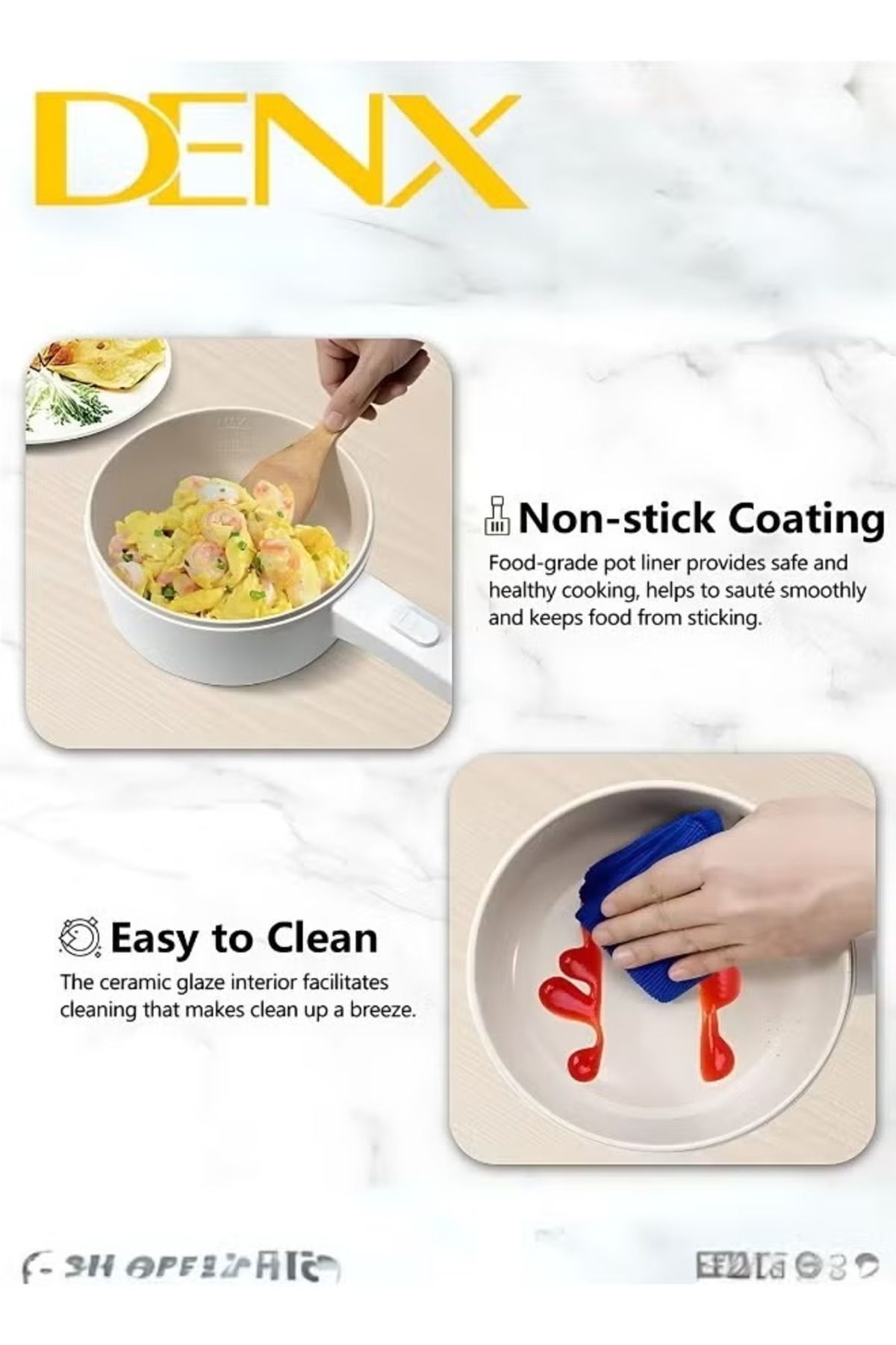 Denx-Electric Heating Pot 2L with Steamer and Temperature Control, Non-Stick Cooker, Electric Frying Pan, 7